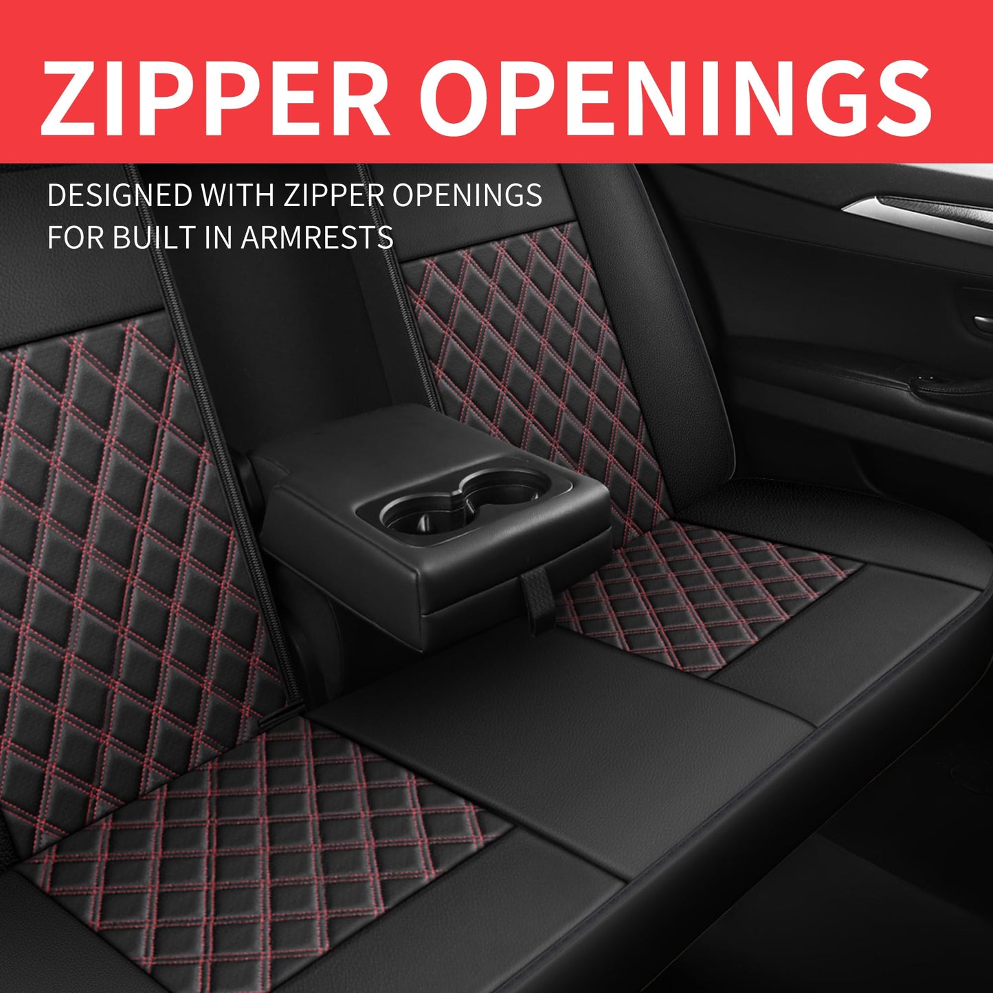 HChengkikz Car Seat Covers Full Set,Breathable and Waterproof Napa Leather Car Seat Cover,Interior Universal Fit for Cars,Sedans,SUVs,Vans,Trucks(Full Seat,Black+Red,N3)