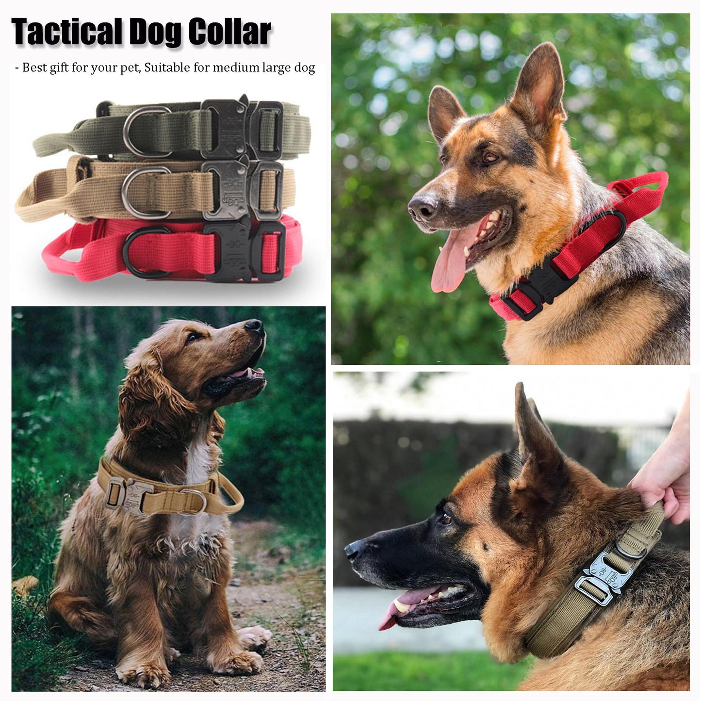 Tactical Dog Collar, Adjustable Military Training Nylon Dog Collar with Control Handle and Heavy Quick-Release Metal Buckle for Small Medium Large Dogs, Black L