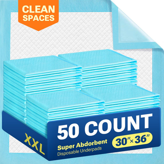 CLEAN SPACES 30" x 36" 50 Count Super Absorbency Disposable Bed Pads for Adults, Leakproof Quick Drying Underpads for Adults Baby Puppy, Incontinence Pads, Puppy Pad Dog Training Pee Pads
