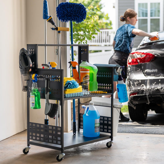 Large Cleaning Caddy with Wheels, 3 Tiered Rolling Cart Auto Detailing Cart, Car Truck SUV Boat RV, Rolling Cleaning Caddy Polisher Holder, 37 in x 17 in x 26 in, Solid Steel Holds 250 lbs