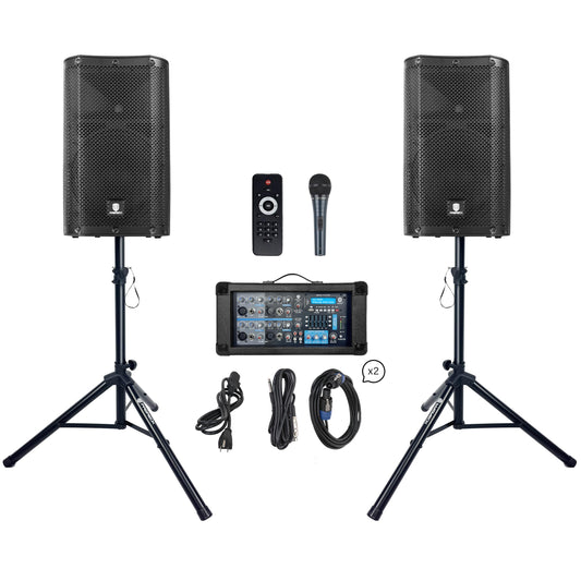 PRORECK DELTA 10 1800W Bluetooth PA Speaker System with 4-Channel Powered Mixer, 2 10-Inch Passive Speakers, Stands, Reverb Effects, and 15V Phantom Power. Perfect for DJs, Bands, Karaoke, Live Events