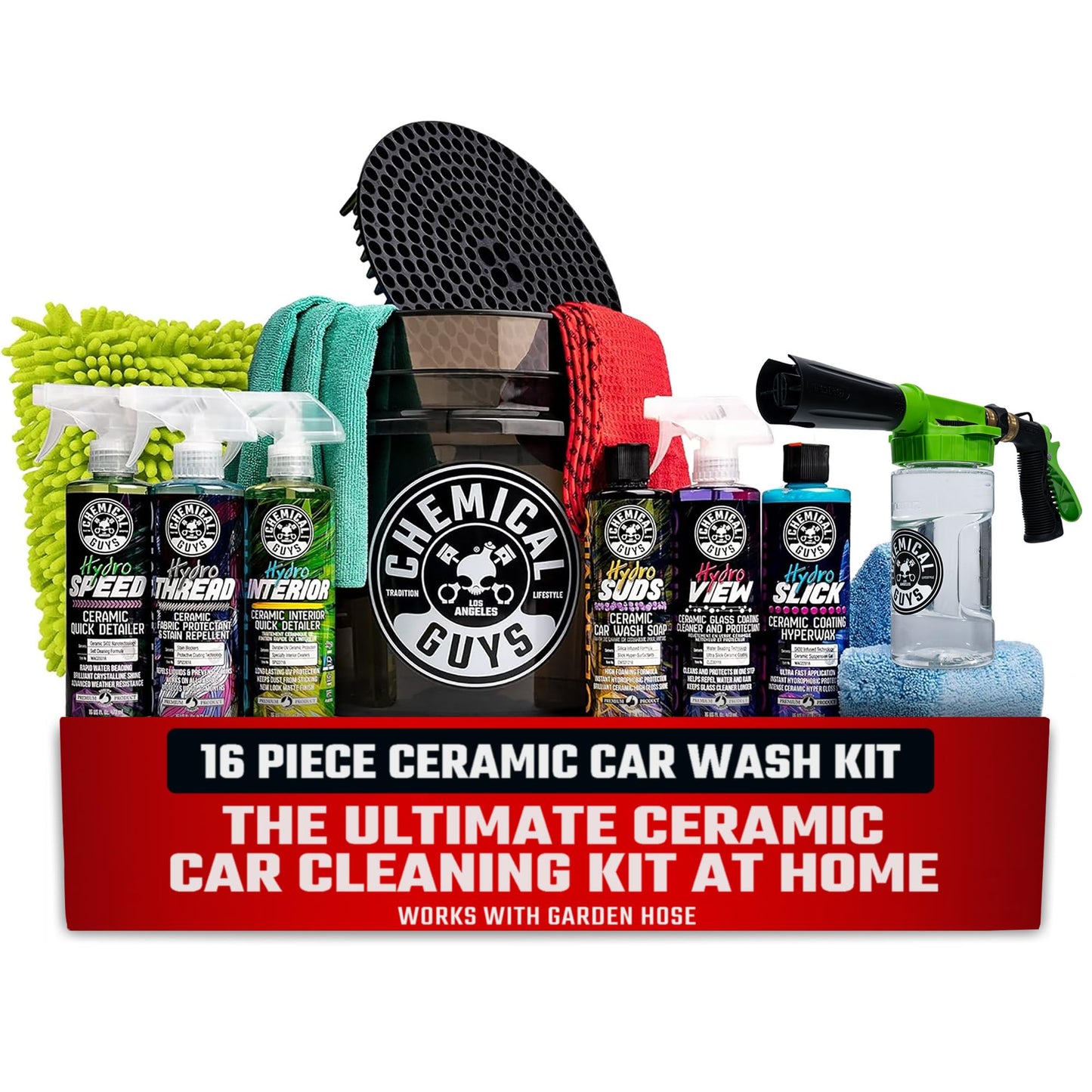 Chemical Guys HOL362 16-Piece Arsenal Builder Ceramic Car Wash & Protection Kit with Foam Gun, Bucket and (6) 16 oz Car Care Cleaning Chemicals (Works w/Garden Hose)