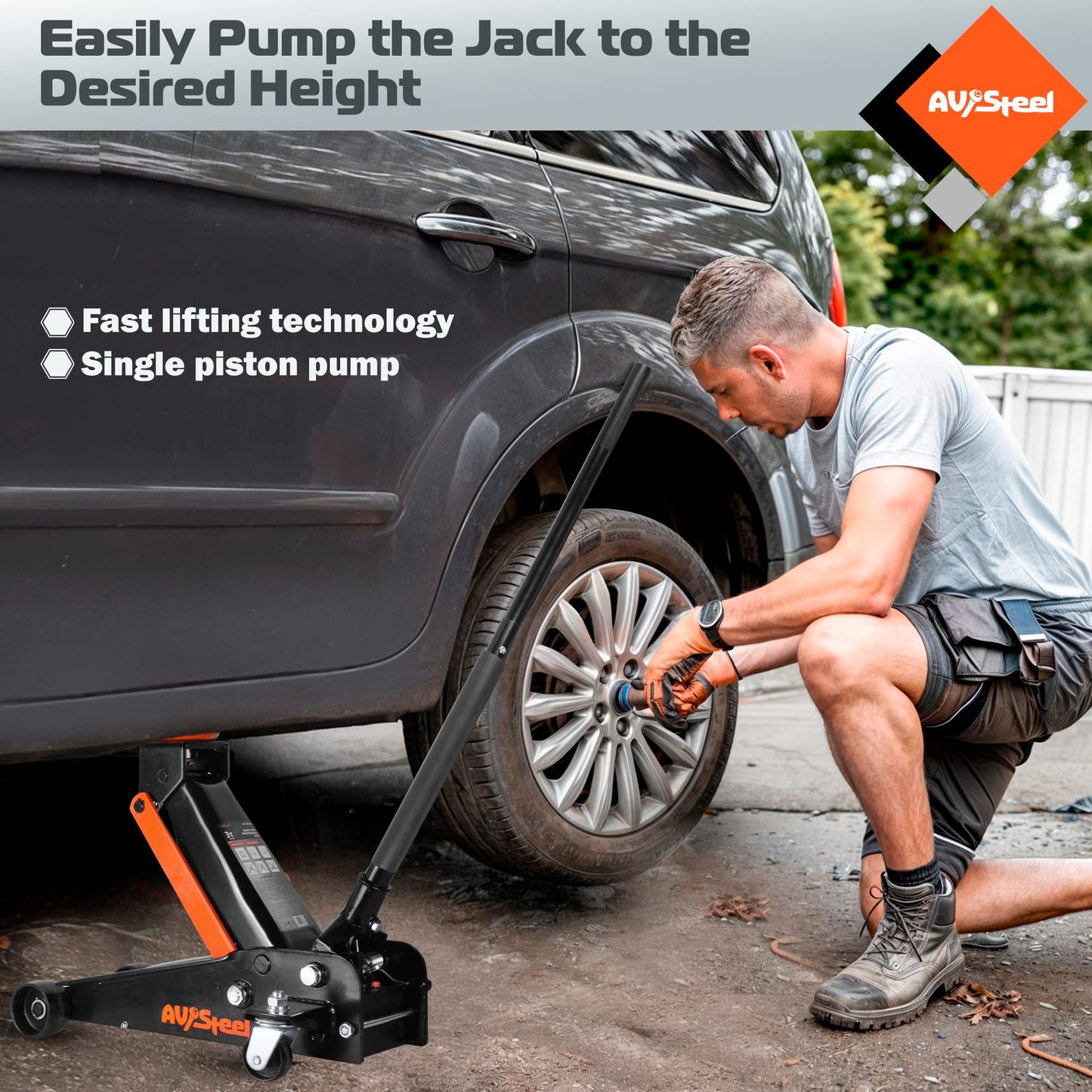 AV Steel 3 Ton Floor Jack (6600 lbs), Heavy Duty Hydraulic Jack for Car, Heavy-Duty Floor Jack with Single Piston Pump, Quick Lift Car Jack 3 ton with Lifting Range 5.5'' to 18.5''