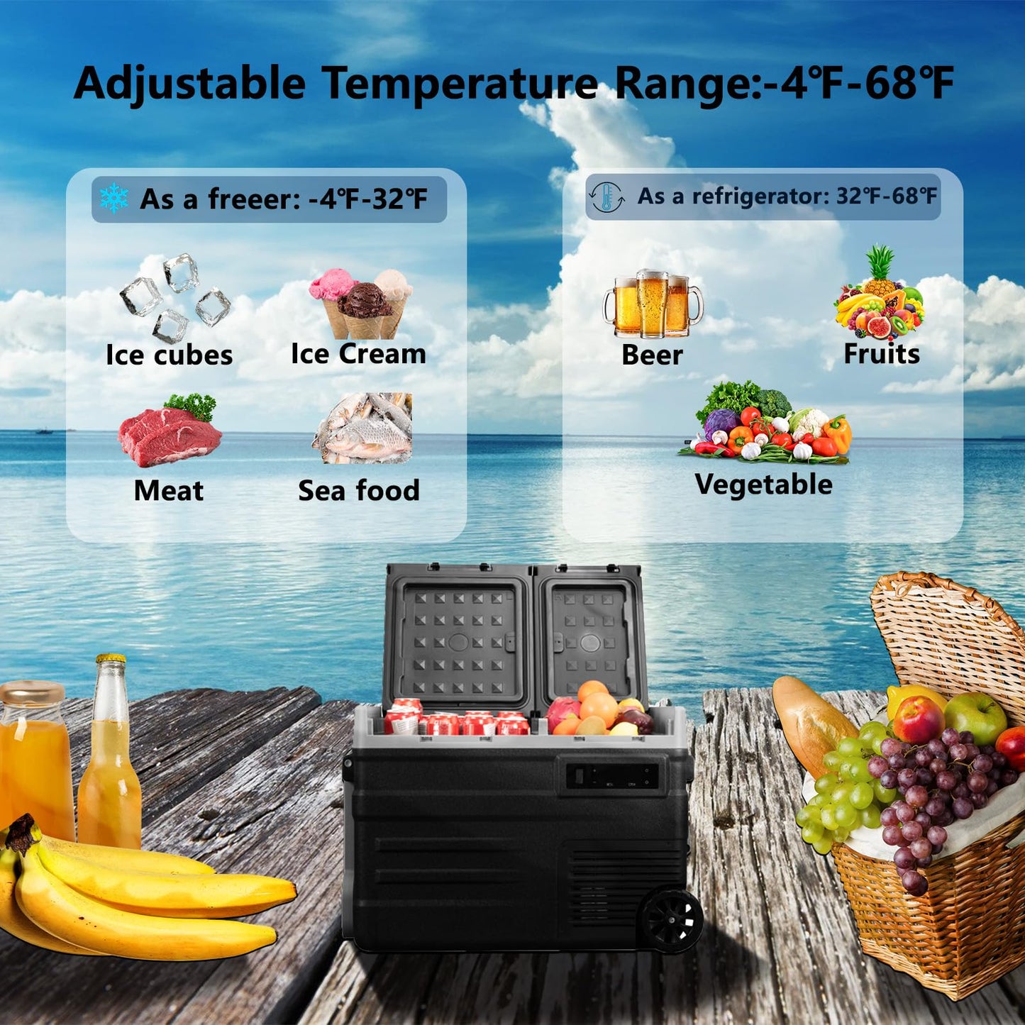 Alpicool UD65 Portable Wheeled Car Freezer with Dual Compartments,12 Volt Car Refrigerator, 60 Quart Fast Cooling Fridge, with 12/24V DC and 100-240V AC for Outdoor, Camping, RV, Truck