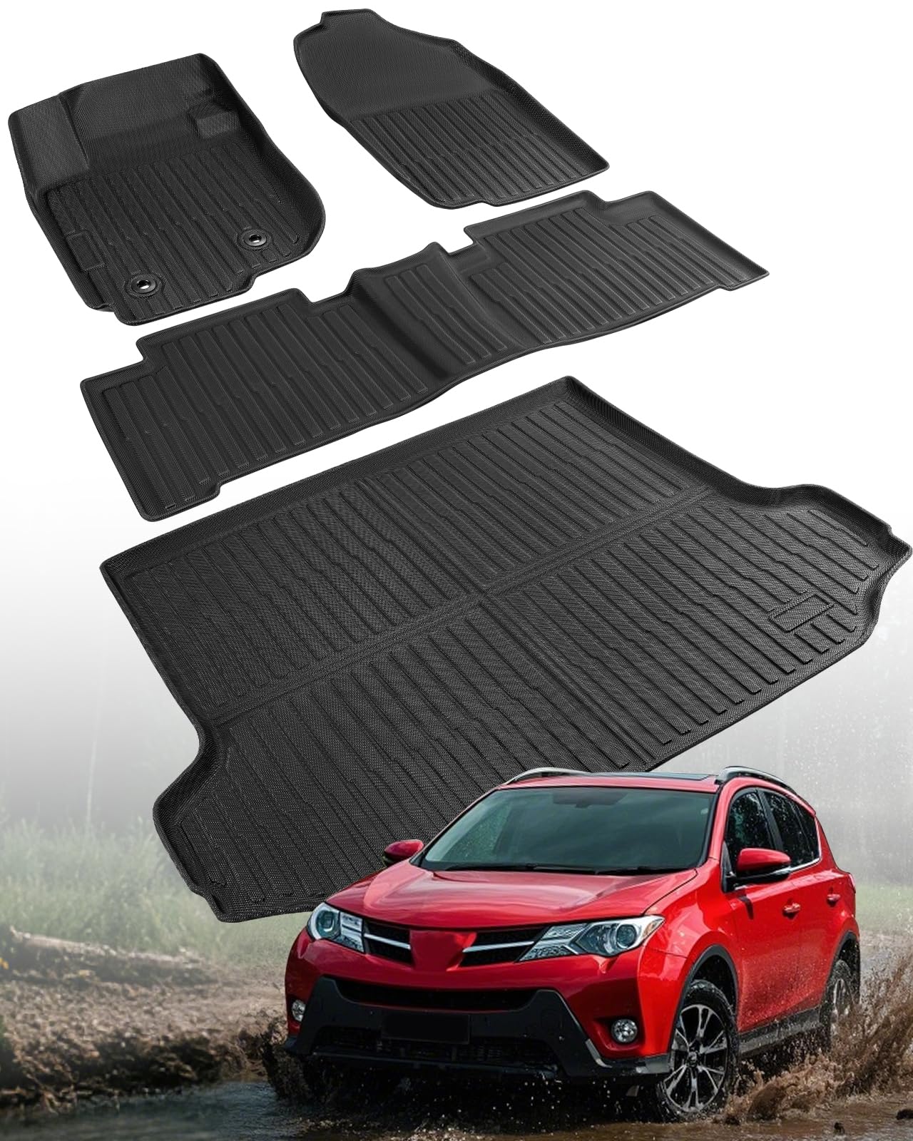 Car Floor Mats for Toyota RAV4: 2006 2007 2008 2009 2010 2011 2012 Without 3rd Row Seat All Weather Carpet Custom Fit for RAV-4 Front Second Row Cargo Area Accessories Heavy Duty Full Set Rubber Liner