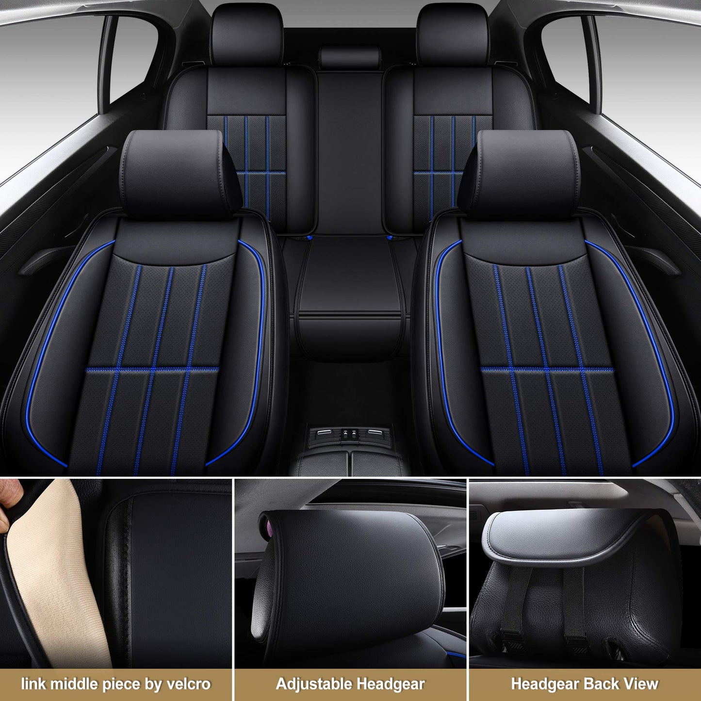 AOOG Leather Car Seat Covers, Leatherette Automotive Vehicle Cushion Cover for Cars SUV Pick-up Truck, Universal Non-Slip Vehicle Cushion Cover Waterproof, Full Set