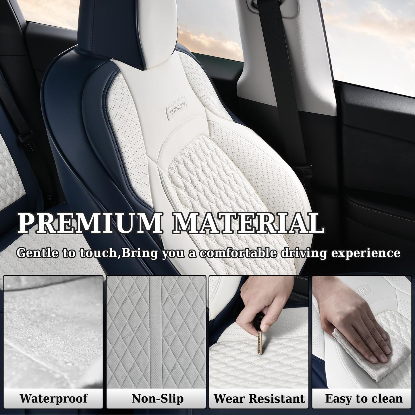 Coverado Car Seat Covers for Tesla Model Y, Car Seat Covers Full Set 5 Seater, Leatherette Car Seat Covers Front Seats and Back Custom for Tesla Model Y 2020 2021 2022 2023 2024 BlueWhite