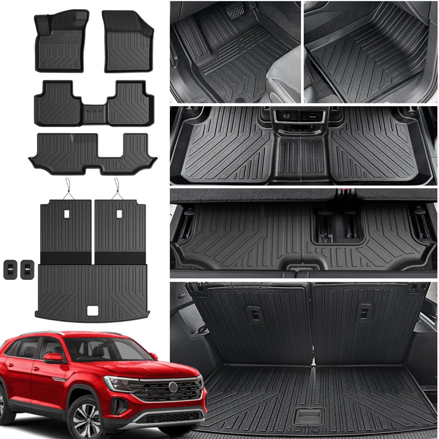 HOUCLEMIC Floor Mats for 2018-2024 2025 Volkswagen Atlas 7 Passenger Bench Seating (Not for Cross Sport)-All Weather TPE Cargo Mat with Backrest Mats for 2025 VW Atlas Car Accessories