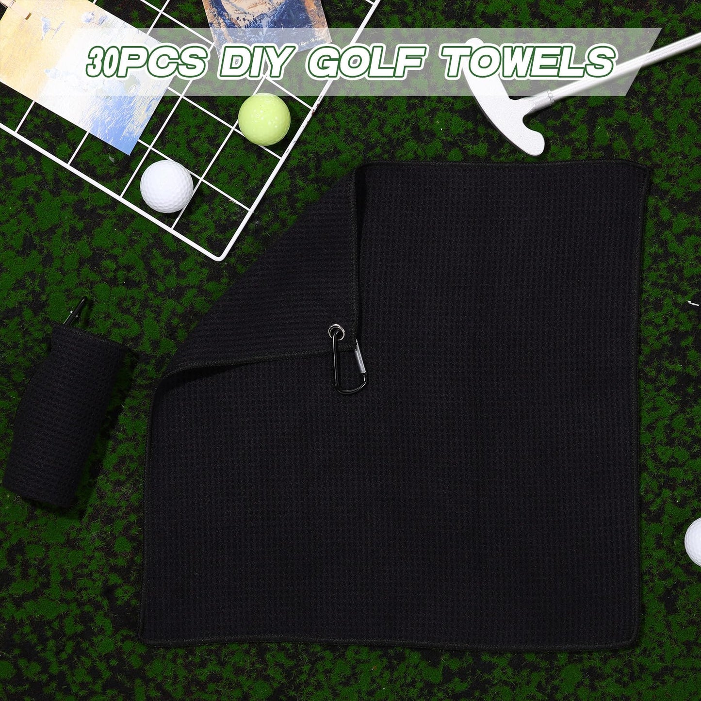 Batiyeer Golf Towels Bulk for Bags 16'' x 16'' Microfiber Waffle Pattern Golf Towel with Clipfor Mini Tournament, Club, Yoga, Fitness(Black,100 Pcs)