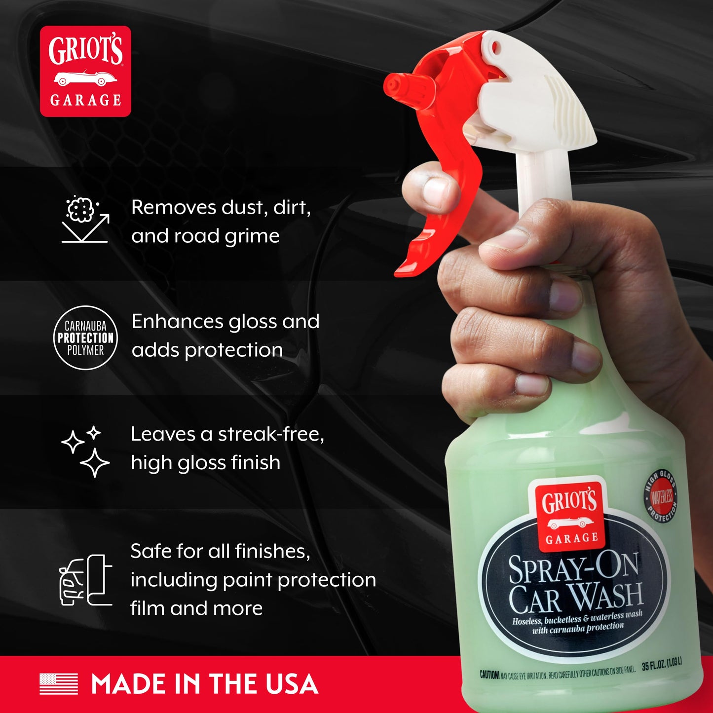 Griot's Garage Spray-On Car Wash for Vehicle Cleaning and Detailing, Rinseless and Waterless, No Hose and Bucket Needed, with Carnauba Wax Protection, 11065, 35oz
