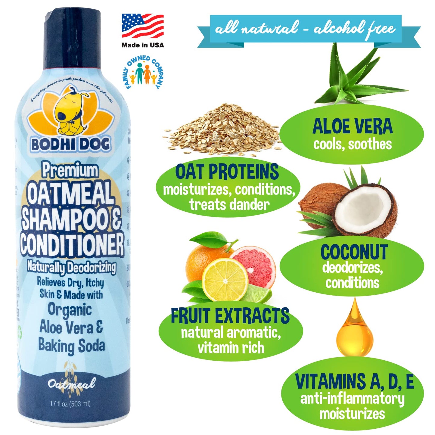 Bodhi Dog Oatmeal Shampoo & Conditioner - Hypoallergenic Formula - Naturally Deodorize Dogs, Cats & Pets - Made w/Organic Ingredients - Moisturizes Dry & Itchy Skin - Made in USA (Oatmeal, 17 Fl Oz)