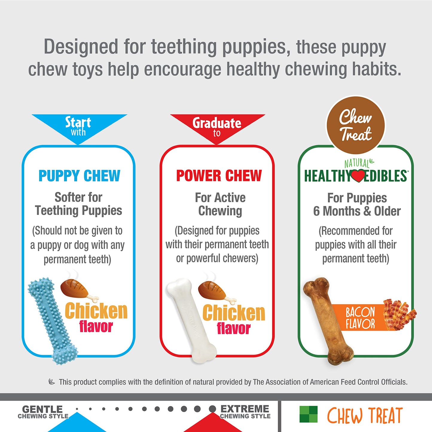 Nylabone Puppy Chew Toys & Natural Treat Triple Pack, Puppy Enrichment Teething Toys, Blue, Chicken & Bacon Flavor, Small Dogs - Up to 25 Ibs, 3 Pack