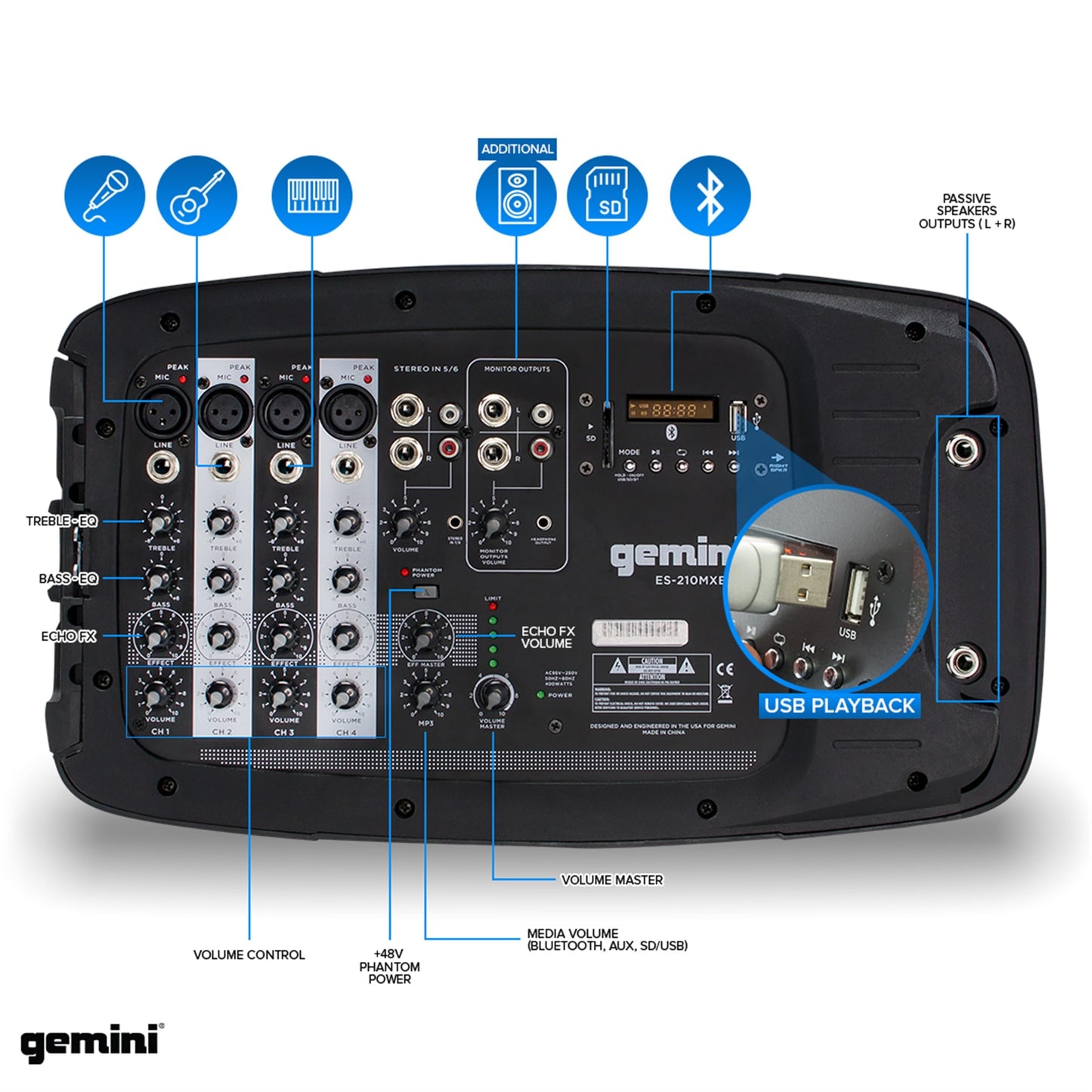 Gemini Portable PA System with Stands, Bluetooth, 600W Powered System with 6-Channel Mixer, Dual 10" Speakers, Mic & Cables—All-in-One for Events, DJs & Fitness (ES-210MXBLU-ST)