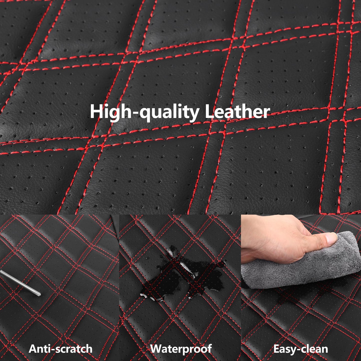 HChengkikz Car Seat Covers Full Set,Breathable and Waterproof Napa Leather Car Seat Cover,Interior Universal Fit for Cars,Sedans,SUVs,Vans,Trucks(Full Seat,Black+Red,N3)