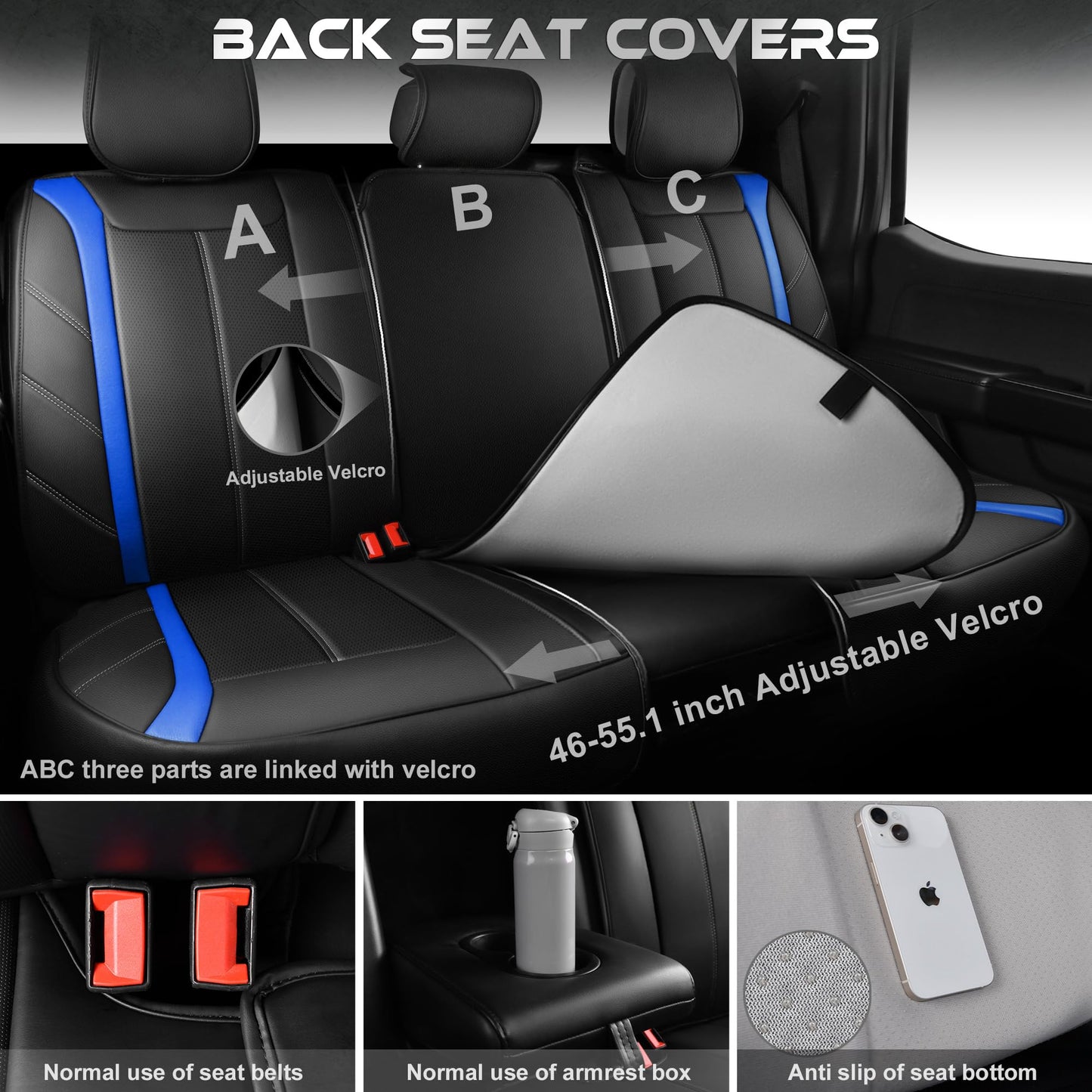 CAR PASS Luxury Faux Leather Seat Covers Full Set, Breathable Sporty Premium Leather Seat Covers, Waterproof Anti Slip Automotive Seat Covers Universal Fit for 95% Trucks SUV Sedans Van,Black and Blue