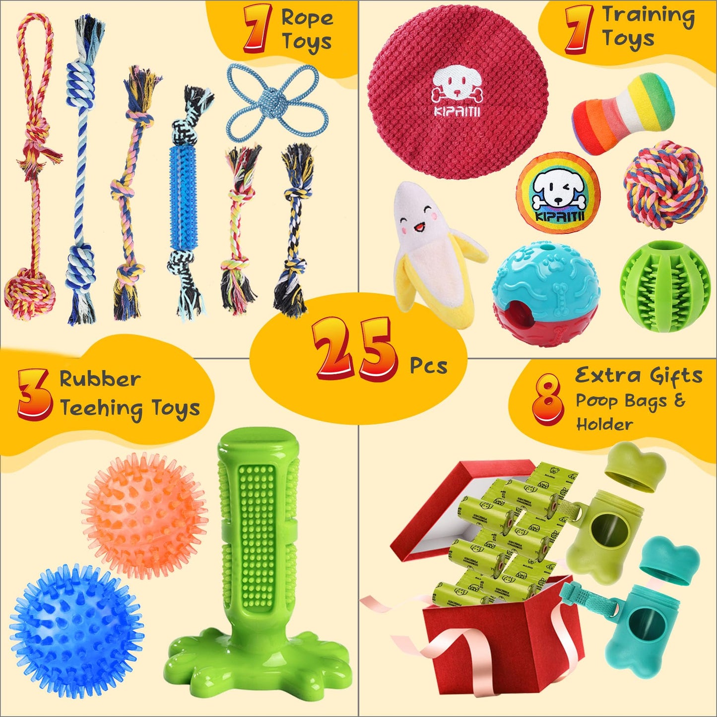 KIPRITII 25 Pack Various Puppy Dog Toys for Teething, Entertainment & Interaction, Puppy Chew Toys Pack with Rope Toy, Treat Balls and Dog Squeaky Toys for Puppies & Small Dogs