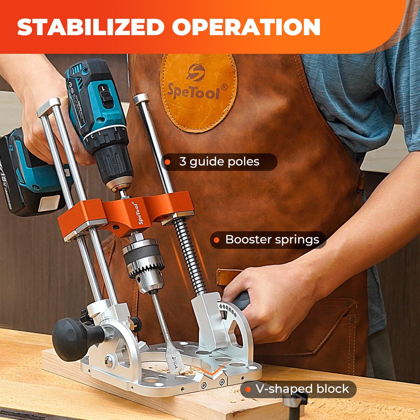 SpeTool Portable Drill Guide with Liner Ball Bearings Guide Poles, 1/2” Chuck Drill Press Adapter for Hand Drill Adjustable from 0-60°, Multi Angle Drill Guide for Straight Holes Woodworking
