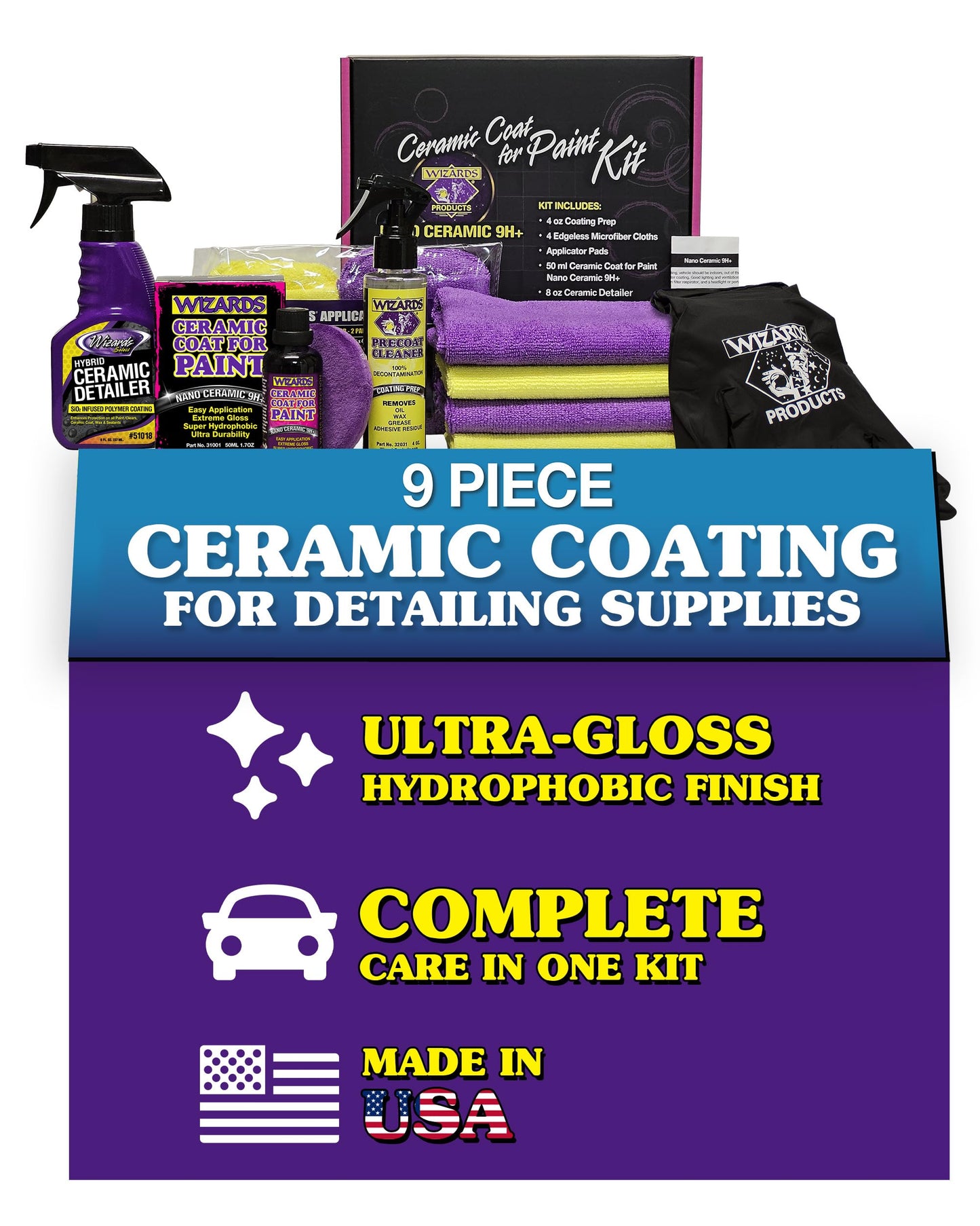 Wizards Ceramic Coat for Paint Kit - 9 Piece Ceramic Coating for Detailing Supplies - Provides High Gloss, Luster, Shine and Protection for Vehicles - Versatile Car Scratch Remover for Auto Detailing