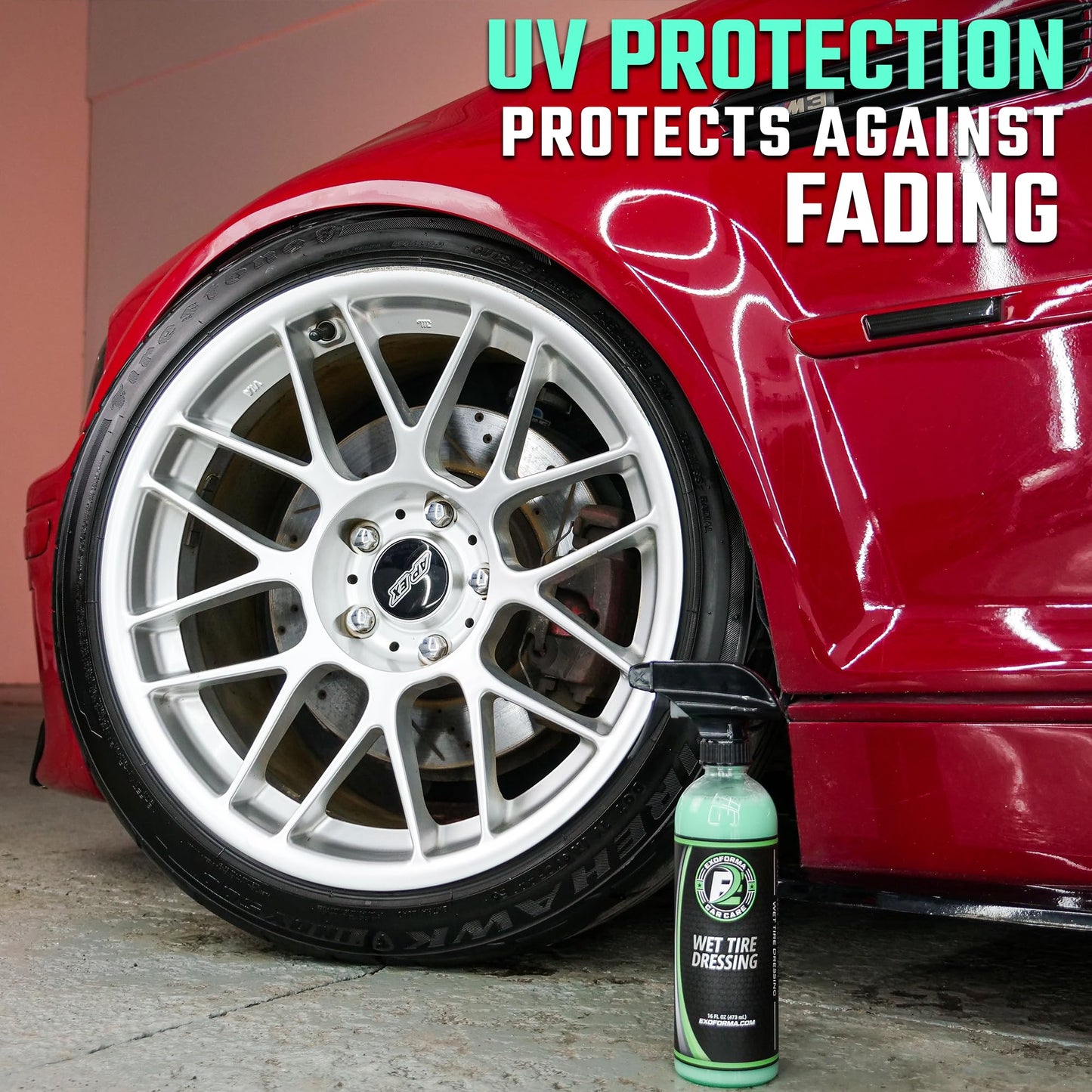 ExoForma Wet Tire Dressing Spray - Extremely High Shine Tire Dressing for That Wet Look - No Sling, Non-Greasy Silicone Formula with UV Protection - Easy to Apply, Minimal Cure Time - 16 fl oz