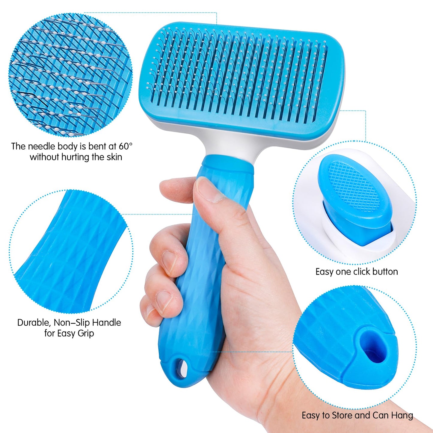 PWOD Dog & Cat Brush, Self Cleaning Slicker Brush for Pets, Upgraded Dog Brush for Shedding Massaging and Grooming, Removes Loose Undercoat & Portable Comb for Long Short Haired Dogs(Blue)