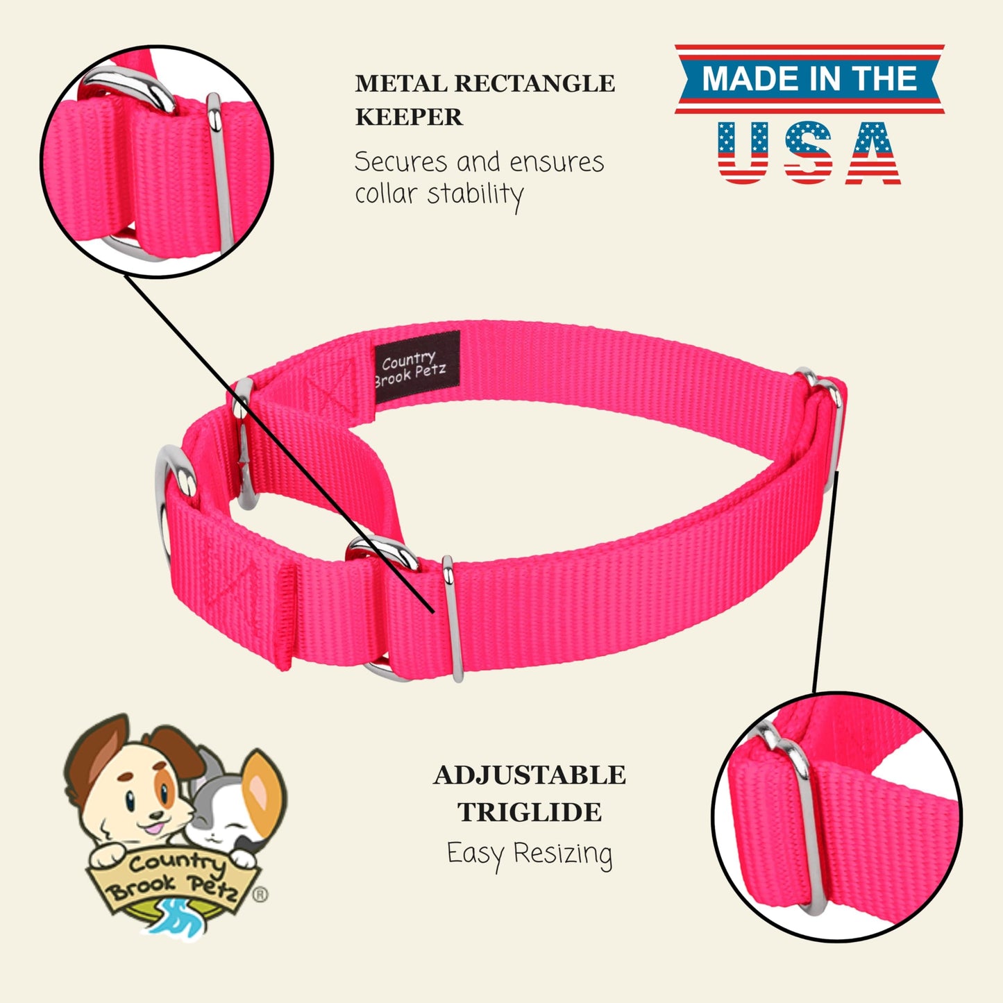 Country Brook Petz Martingale Dog Collar - Heavy-Duty Training Collar with No Buckle - Service Dog Collar for All Pups - Vibrant, Colorful Collection (Hot Pink, 1 Inch, Medium)