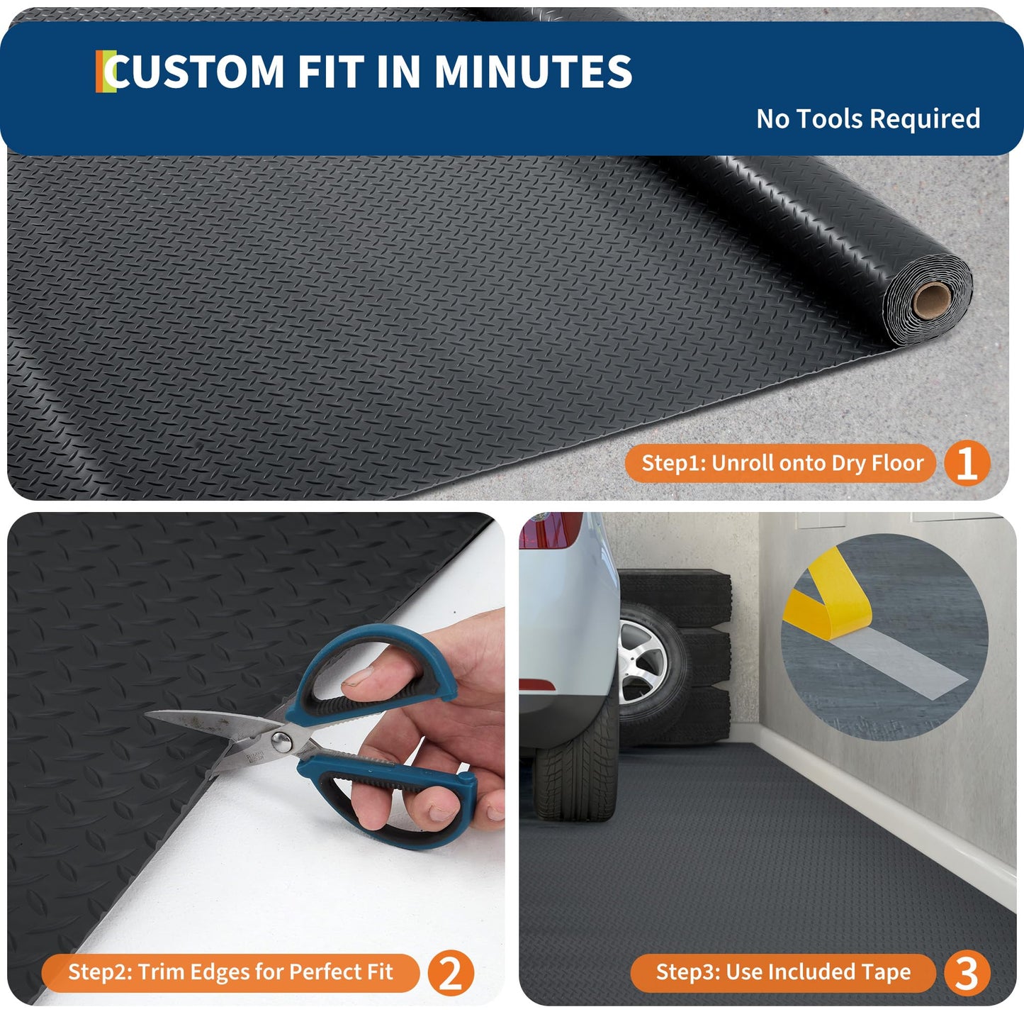 7.5x25 FT Garage Floor Mat, 2.8Mm Thickened Non-Slip PVC Garage Mat Roll, Diamond Plate Floor Protector Mat with 33FT Tapes for Garage, Under Car Parking Mat for SUVs, Trucks, Sports Car, Indoor Use