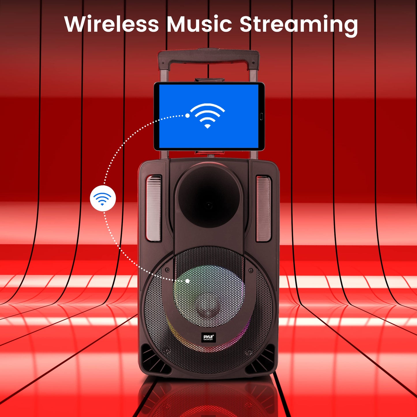 Pyle 15’’ Bluetooth Portable PA Speaker System – Rechargeable Karaoke Party Speaker with Wireless & Wired Microphones, LED Lights, Tablet Stand, USB/SD/FM Radio, Trolley Wheels for Indoor/Outdoor Use