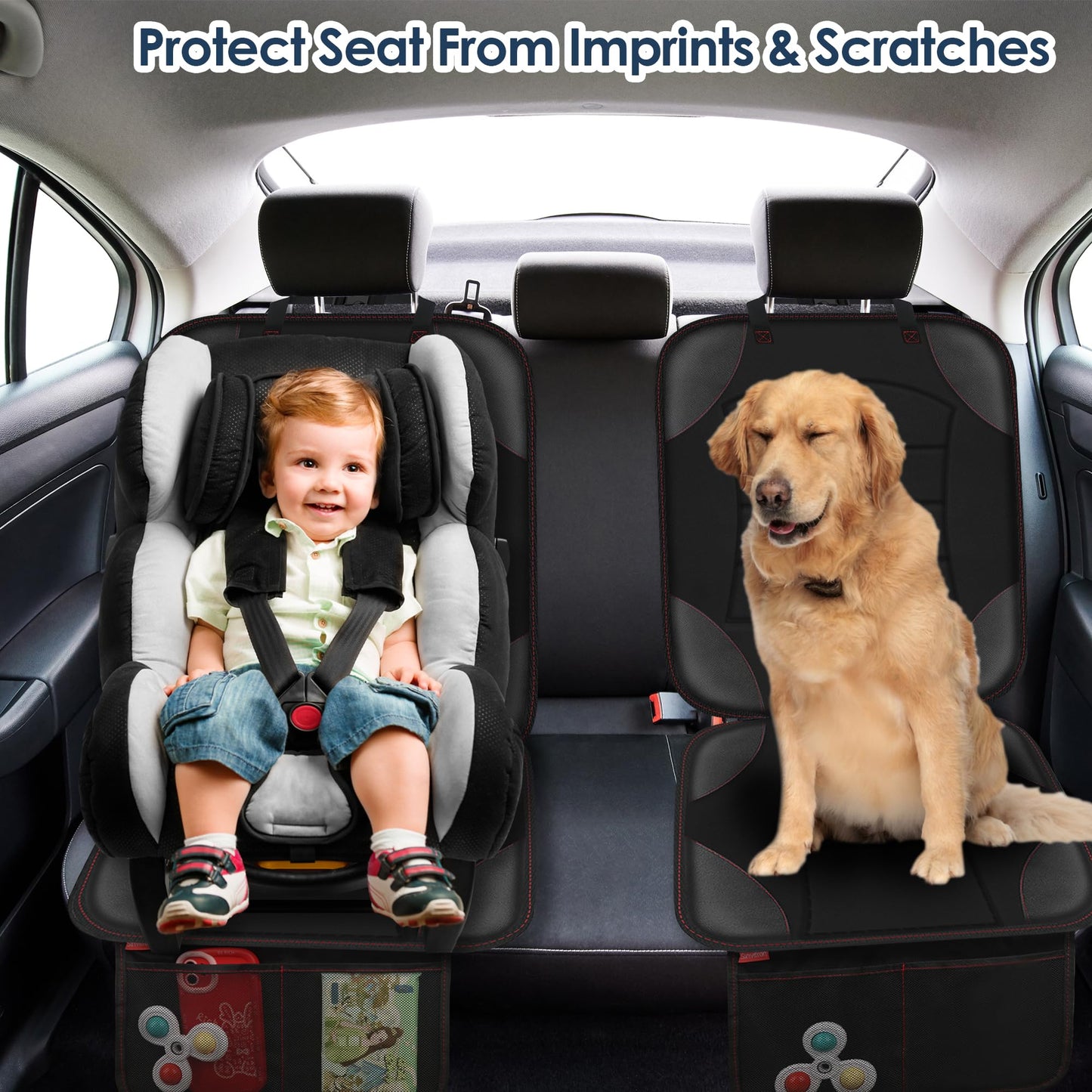 Sinvitron Car Seat Protector for Child Car Seat - Waterproof Non-Slip Leather Mat with 2 Mesh Pockets, Universal Seat Cover for Baby, Pets & Vehicles(2-Pack,Black)