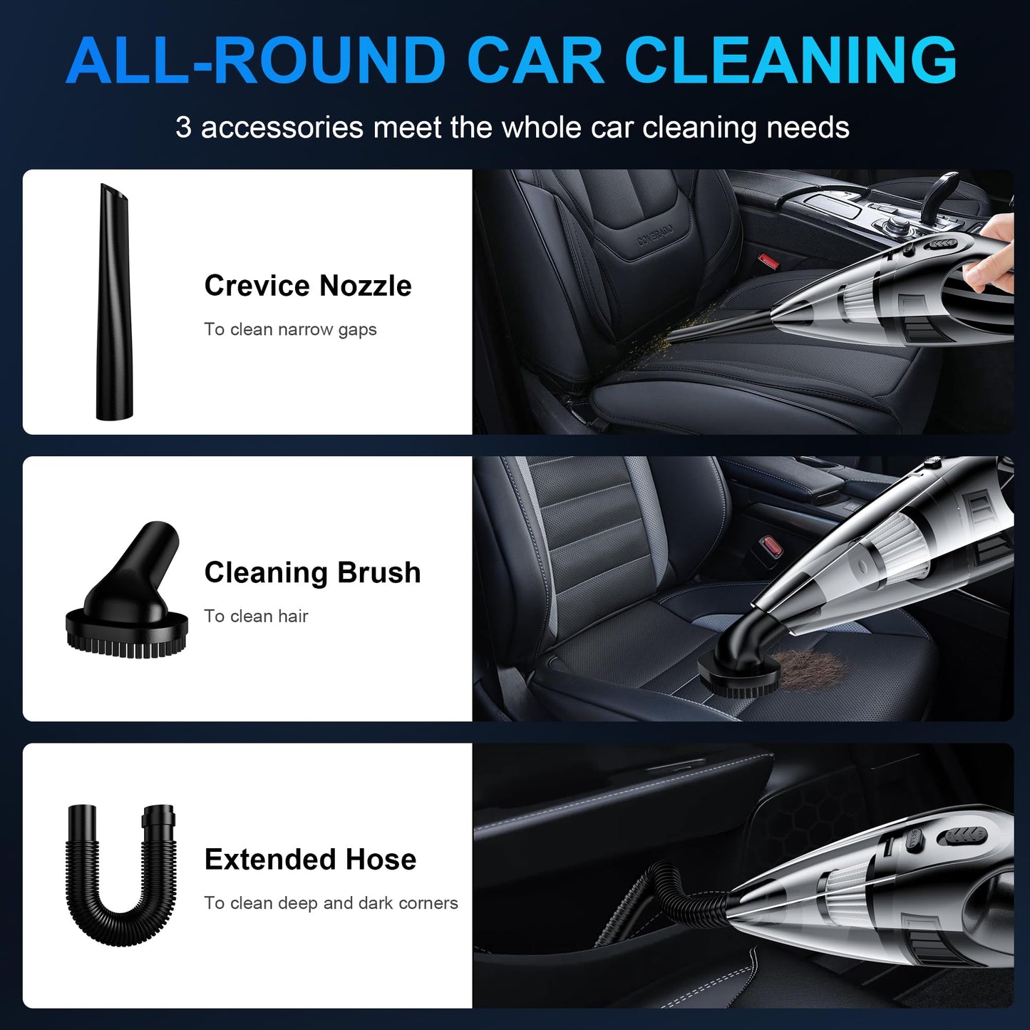 Handheld Car Vacuum Cleaner with 8000PA Powerful Suction, Portable Car Vacuum Cleaner with 2 Filters, Mini Brush, Lightweight, 0.34L Capacity, Essential Accessories