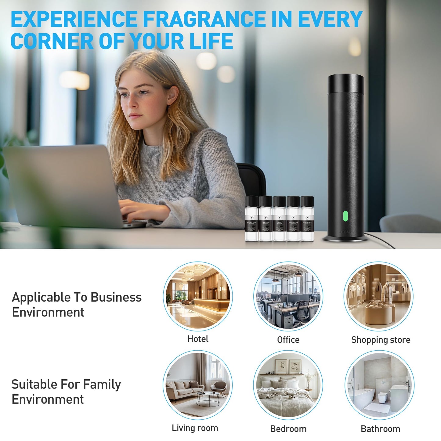 Waterless Scent Diffuser Starter Kit - 800 Sq Ft Coverage, Hotel Scent Diffuser, Essential Oil Diffuser Large Room, Included 5 Scent Oils, Remote Control, Black, 11.20In