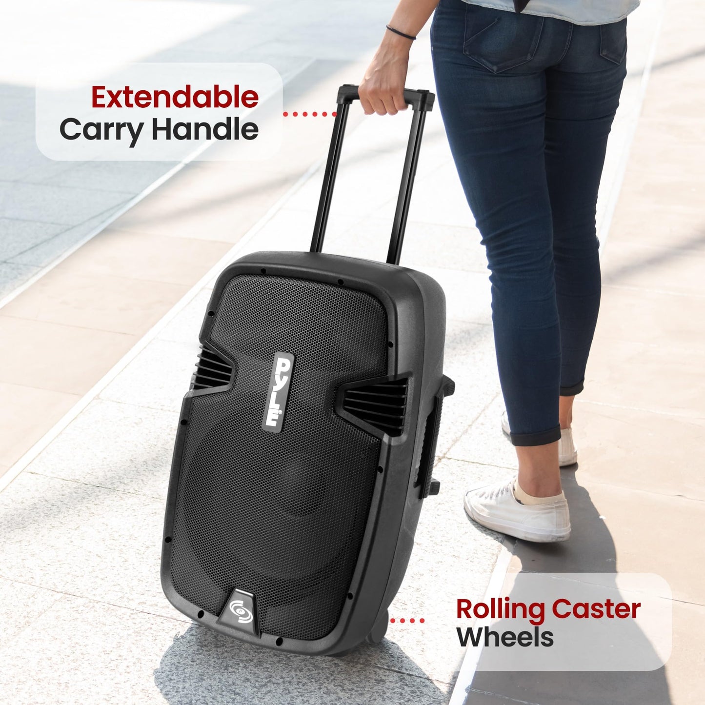 Pyle PPHP1299WU.5 Karaoke Portable PA Speaker System - 1000W Active Powered Wireless Bluetooth Compatible, Outdoor Speaker, Wheels, USB MP3 RCA, 2 UHF Microphone, Remote, Black