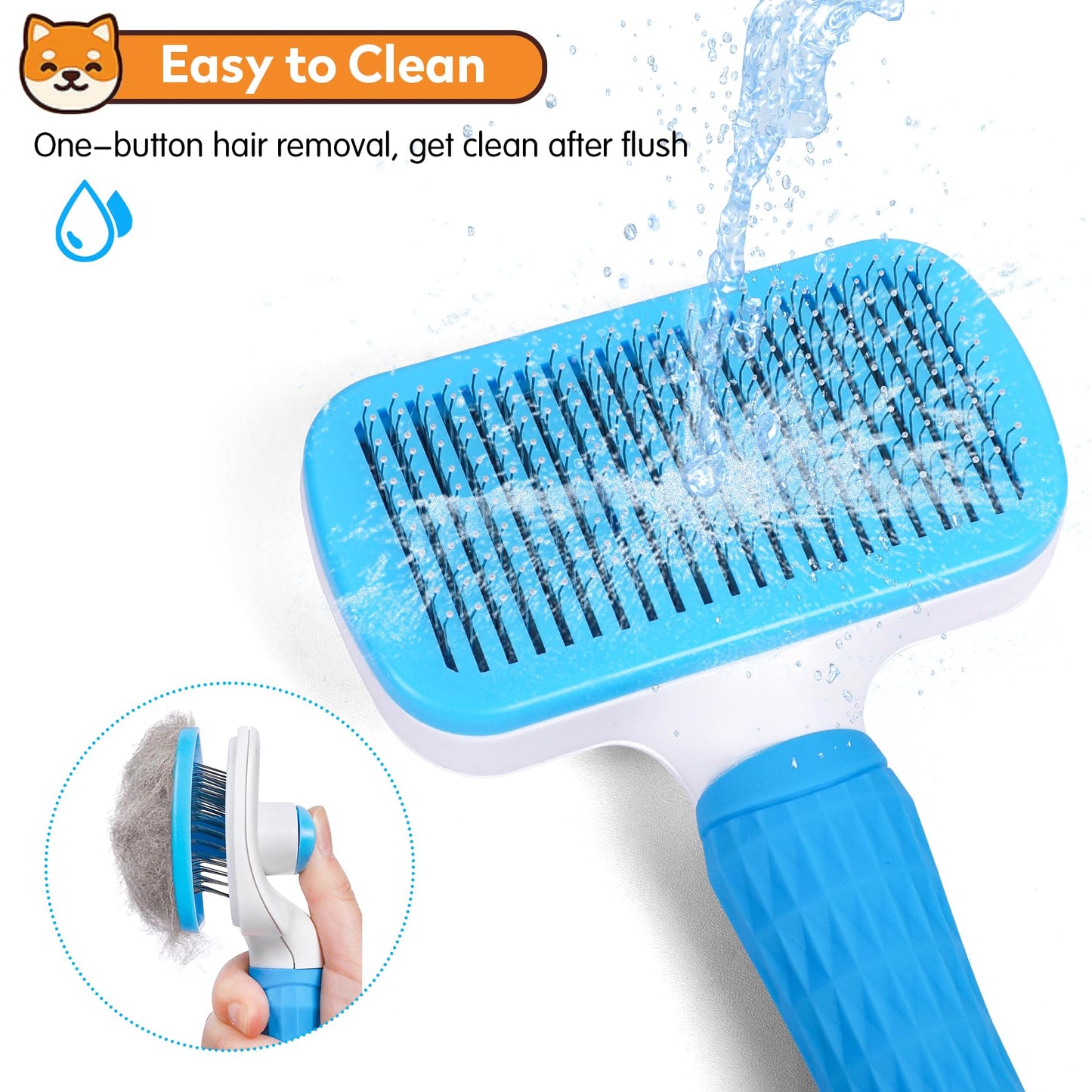 PWOD Dog & Cat Brush, Self Cleaning Slicker Brush for Pets, Upgraded Dog Brush for Shedding Massaging and Grooming, Removes Loose Undercoat & Portable Comb for Long Short Haired Dogs(Blue)