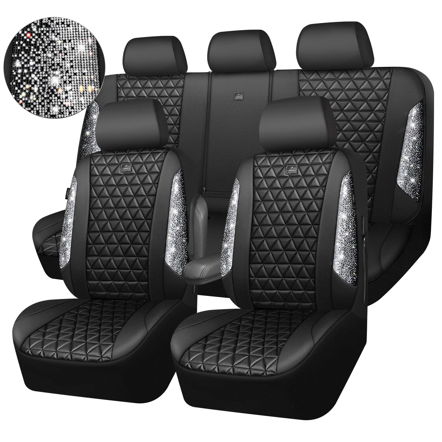 CAR PASS Bling Diamond Leather Car Seat Covers Full Seats Interior Sets, Waterproof Shining Glitter Sparkly Crystal Universal Armrest Fit Automotive Truck SUV Cute Women Girl, Black Silver Rhinestone