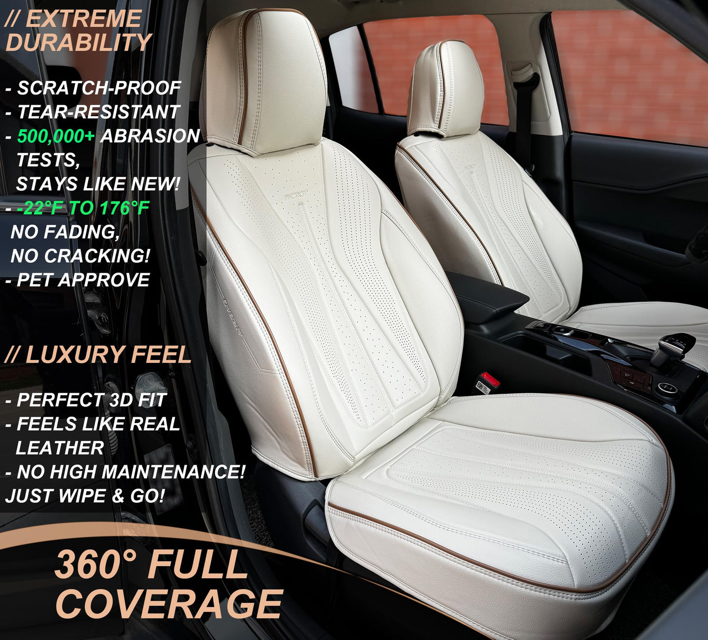 PINCTROT Car Seat Covers Front Set, Breathable Soft Pebbled Leather, Luxury Waterproof Seat Cushion, Airbag Compatible, Seat Protector Universal Fit Most Cars (Front Set, Beige Brown Piping)