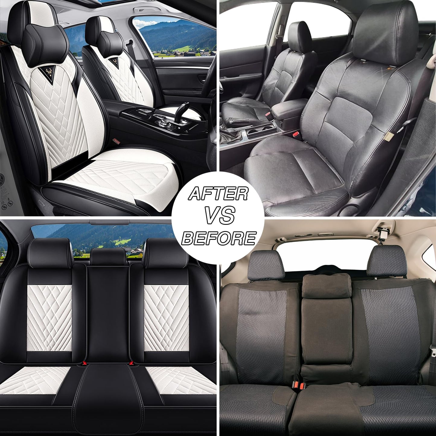 Leather Seat Covers Full Set with Pillow,5 Seats Universal Car Seat Protectors,Easy to Install Cover Set,Waterproof Car Seat Covers Car Seat Cushion Fit for Most Cars SUVs Trucks(5 Seats,Black-White)