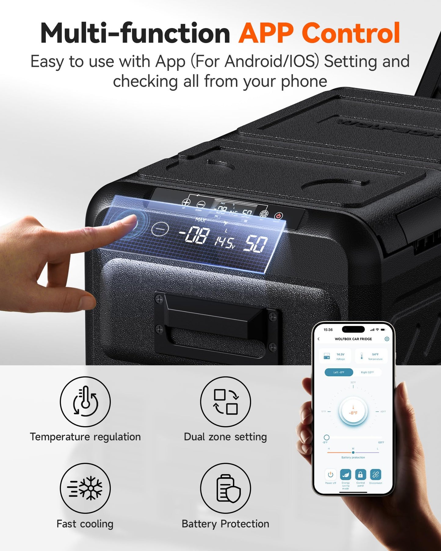 WOLFBOX 12V Car Refrigerator, 48 Quart Dual Zone Car Fridge, Portable Freezer(-8℉~68℉) with 12/24V DC 100/240V AC, APP Control Electric Cooler for Car, RV, Camping, Travel and Home Use