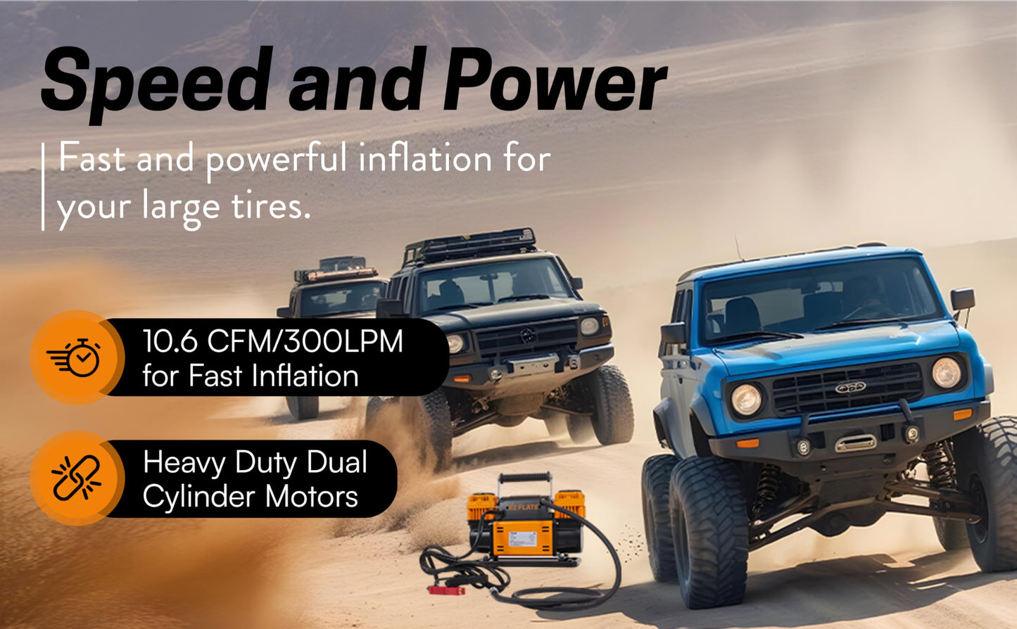 EZ FLATE M.O.A.B. Auto Air Compressor w/LCD Display, Set Target Pressure, dual air compressor, 10.6 CFM Offroad Air Compressor 4x4, 150 PSI, Inflator With Pressure Gauge