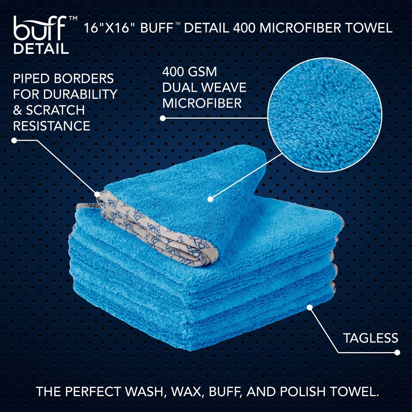 Detail Microfiber Car Towels Bulk (16" x 16") | 400 GSM | 80/20 Blend | Tagless | Soft Satin Piped Edges | All-Purpose Auto Detailing - Wax, Buff, Polish, Wash, Dry | Case of 144 (Blue)