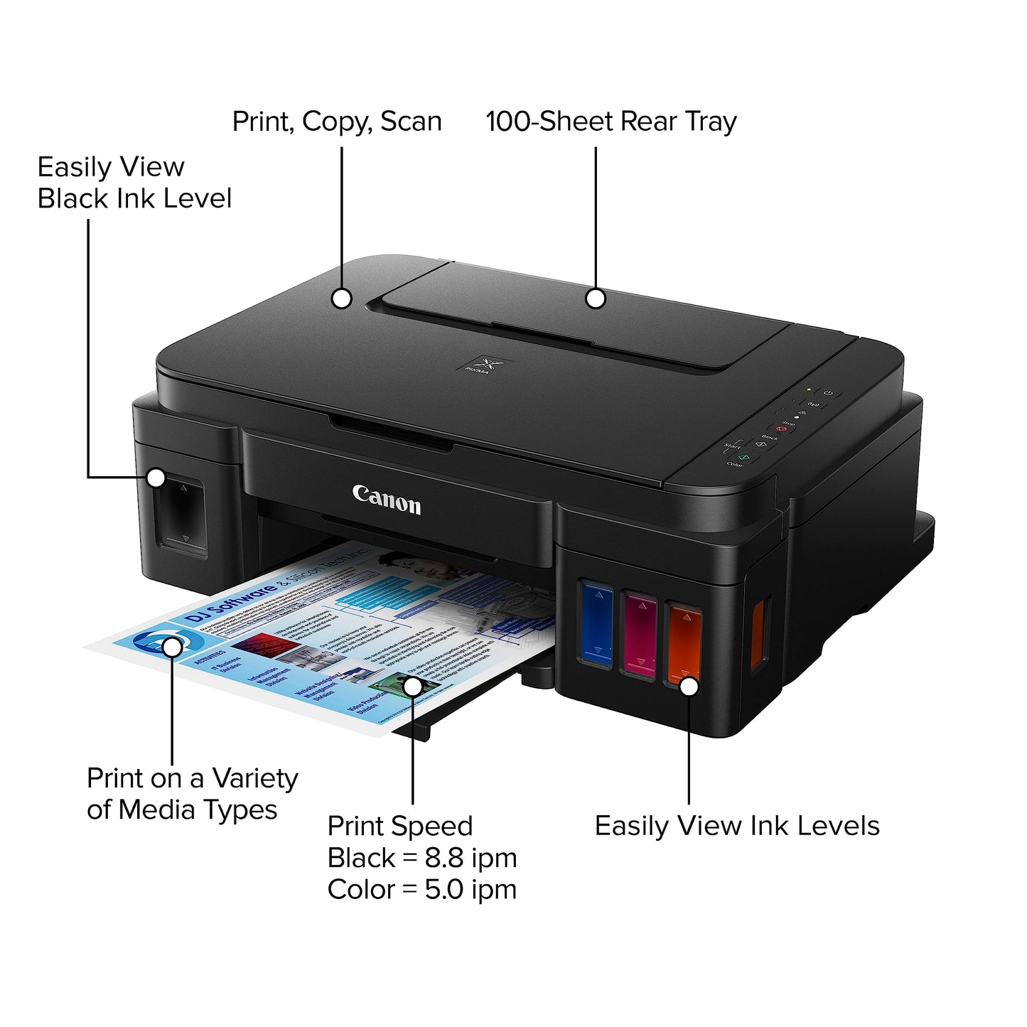 Canon G3200 All-In-One Wireless Supertank (MegaTank) Printer| Copier| Scanner| and Mobile Printing, Black, 6.5" x 17.6" x 13" (0630C002)