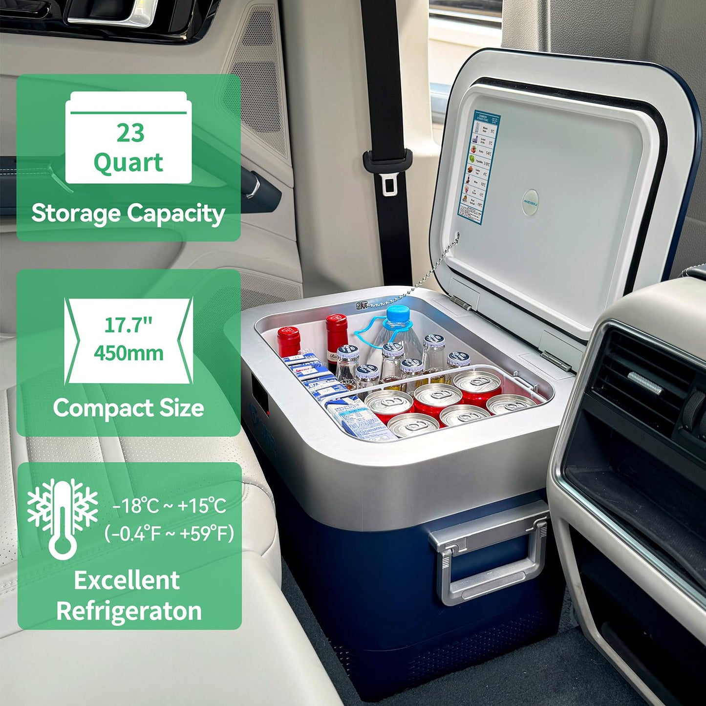 Megiu Car Refrigerator Portable Car Fridge 12V Refrigerator 23 Quart (22 Liter) Freezer Compressor Cooler 12V/24V DC 110～240 V AC for Outdoor Camping Travel Home Use -18℃~+15℃ (Blue)