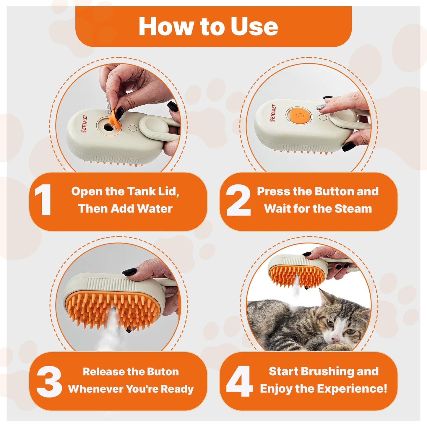 PETOMET 4 in 1 Cat steam brush, steam brush for dogs, rabbits., Pet spray comb for shedding and grooming, Gentle Technology, Easy-to-Clean, massage, Grooming Washable, useful for shedding