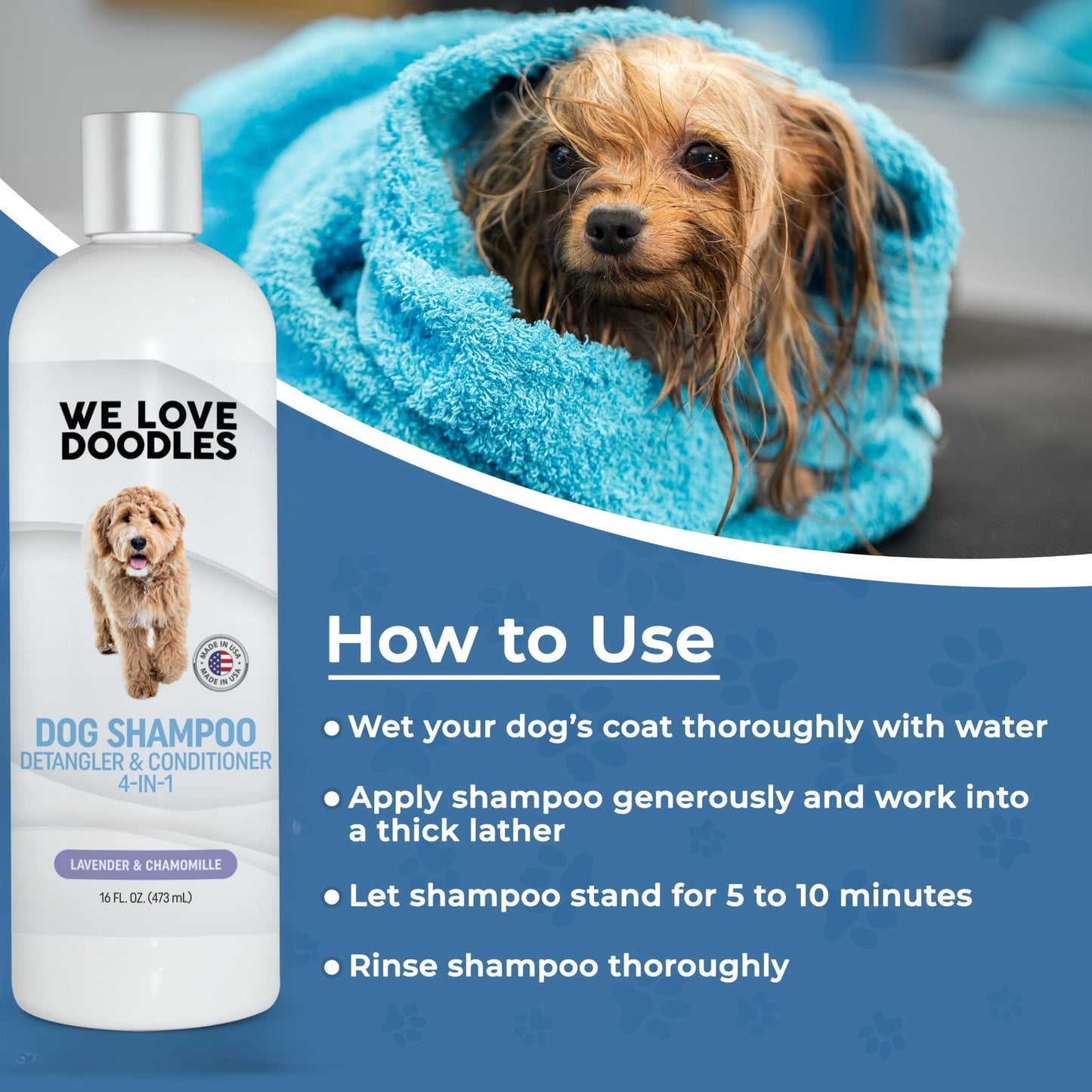 Dog Shampoo, Conditioner & Detangler - Best Shampoo for Goldendoodles, Poodles & Doodles - for Matted Pet Hair - Sensitive Skin Shampoo for Puppies - Made in The USA, 16OZ (Lavender)