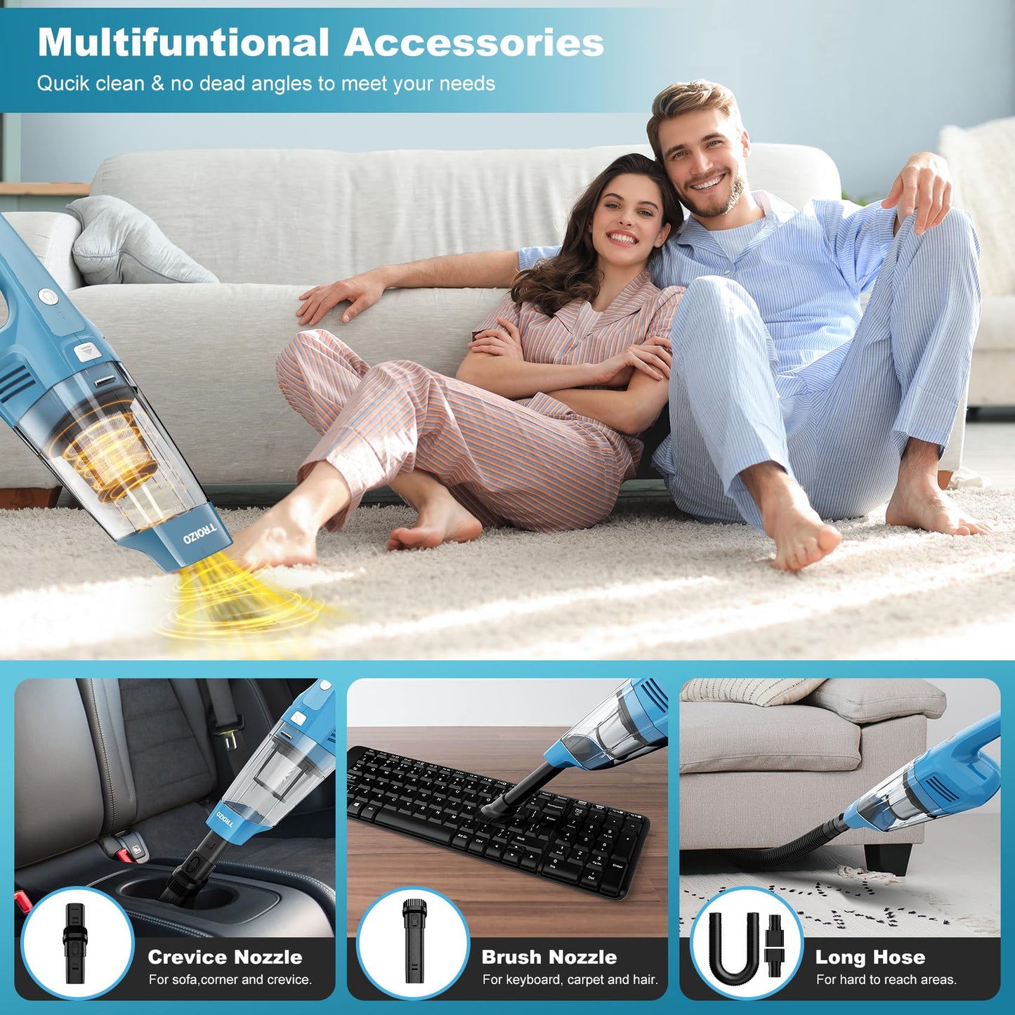 TROIZO Handheld Vacuum Cordless, 14500PA Powerful Suction Hand Held Vacuum Cleaner with Brushless Motor, Rechargeable and Portable Car Vacuum Cleaner with Multi Accessories for Home Office Car Pet