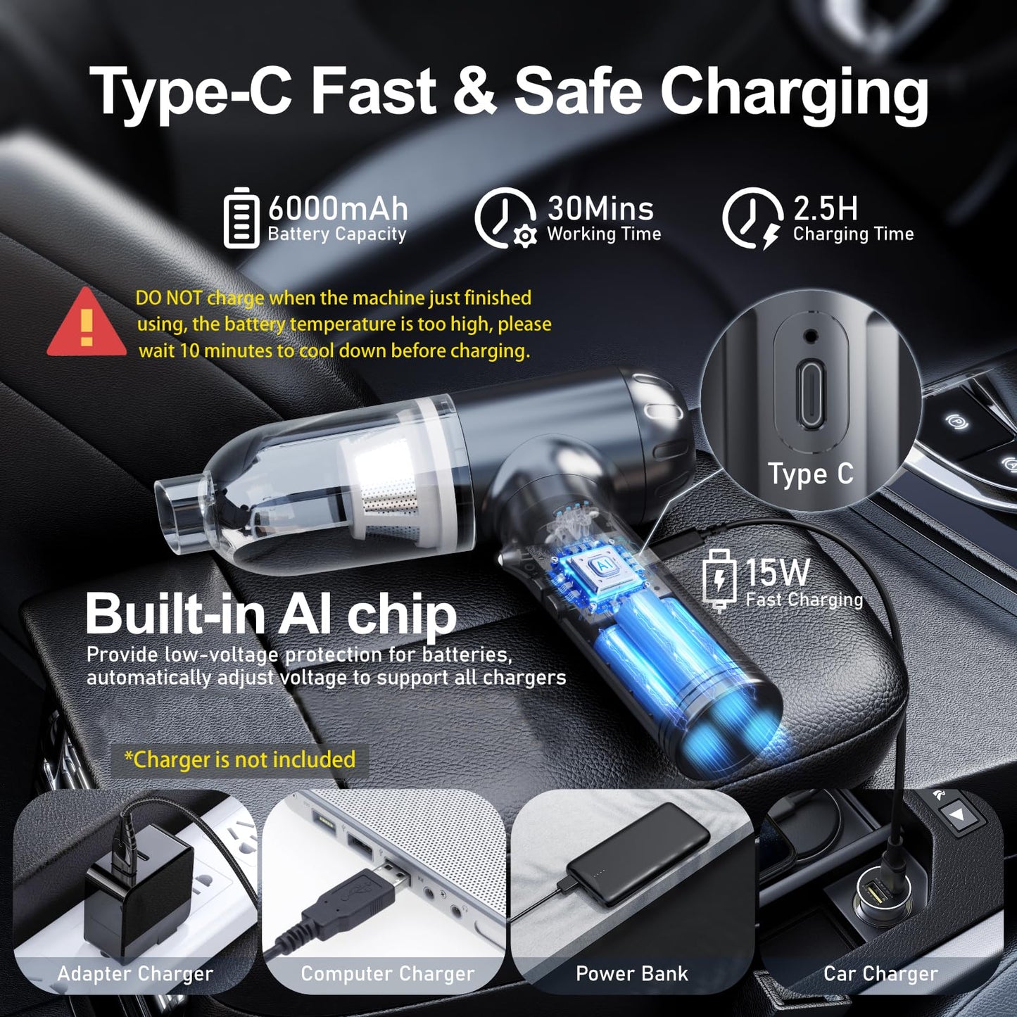 OGMAPLE Car Vacuum Cleaner High Power Handheld Vacuum 150W 17000Pa 4-in-1 Mini Vacuum Cleaner Cordless and Air Duster with 180° Adjustable Handle Led Light Portable Vacuum for Car, Home, Deep Black