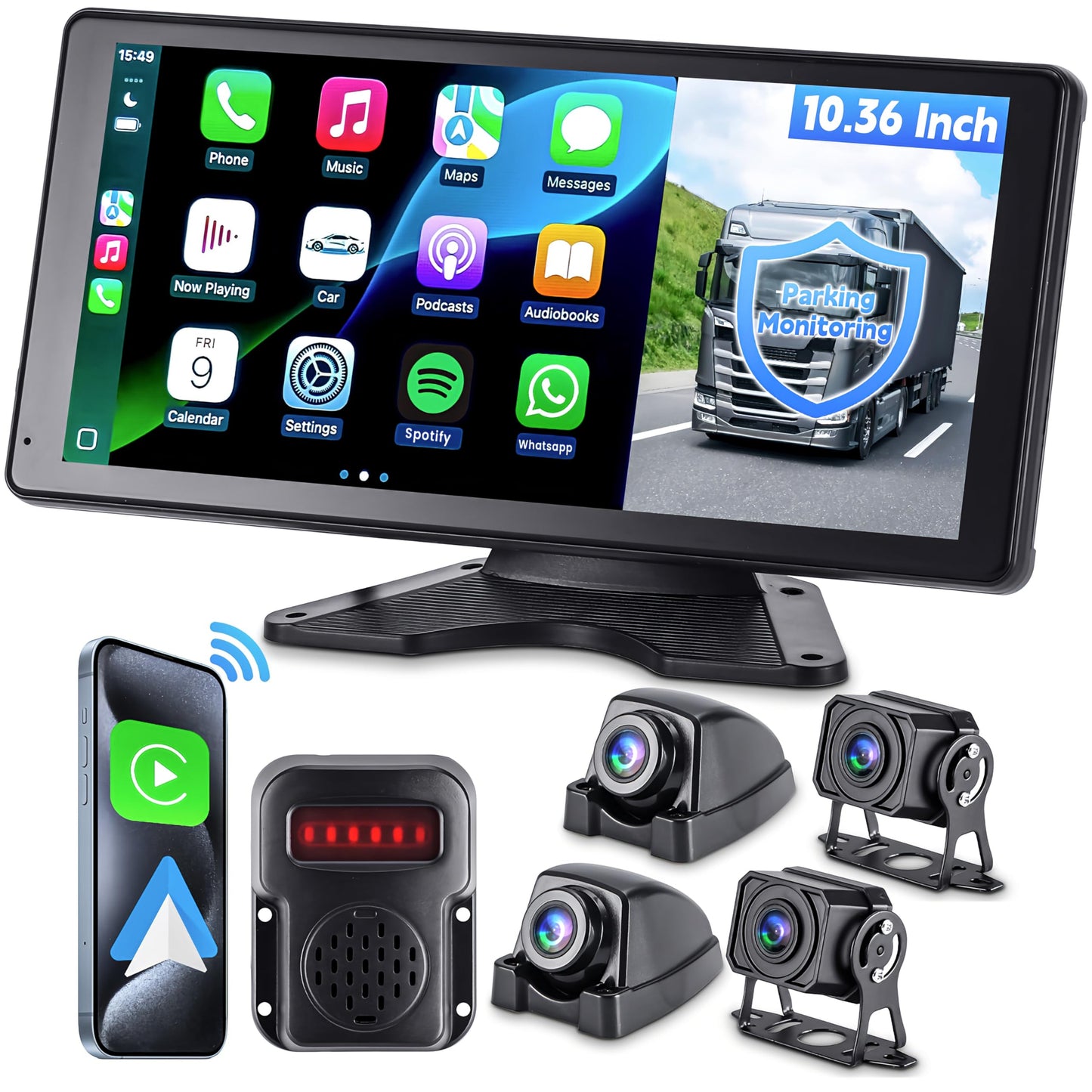 RV Camera System with CarPlay & Android Auto, 10.36'' Monitor with Blind Spot Detection/Parking Monitoring/Voice Control/DVR/Navigation, 4 1080P Backup Camera System for Semi Truck Trailer Camper