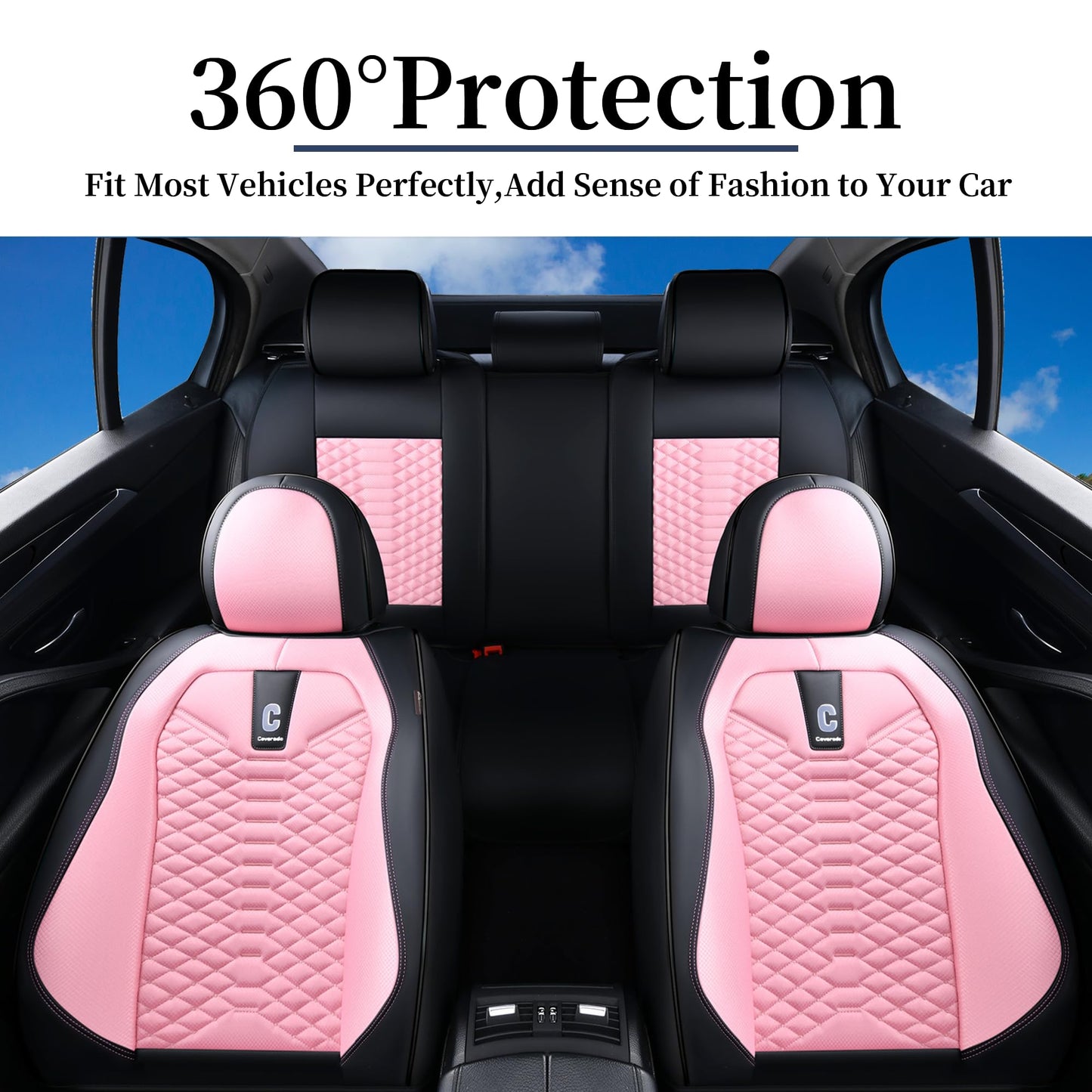 Coverado Car Seat Covers Full Set, 5 Seats Universal Seat Covers for Cars, Breathable Fabric& Faux Leather Auto Seat Cushions, Front and Rear Seat Protectors Fit for Most Sedans SUV Truck, Pink