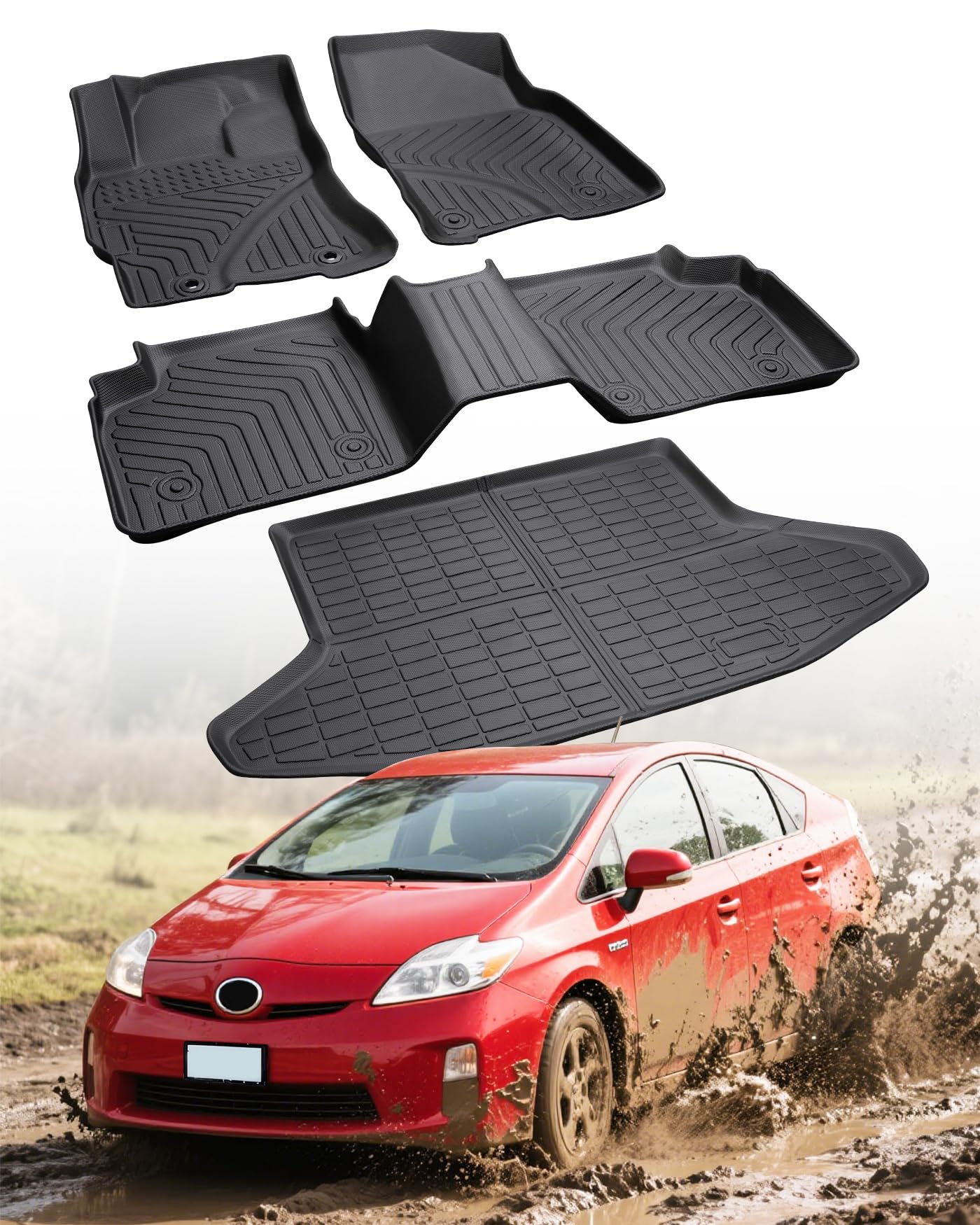 Car Floor Mats for Toyota Prius: 2004 2005 2006 2007 2008 2009 All Weather Accessories for Prius 2004-2009 Black Cargo Liner 4PCS Carpet Cutsom Fit for Toyota Prius 04-09 Automotive TPE Floormats