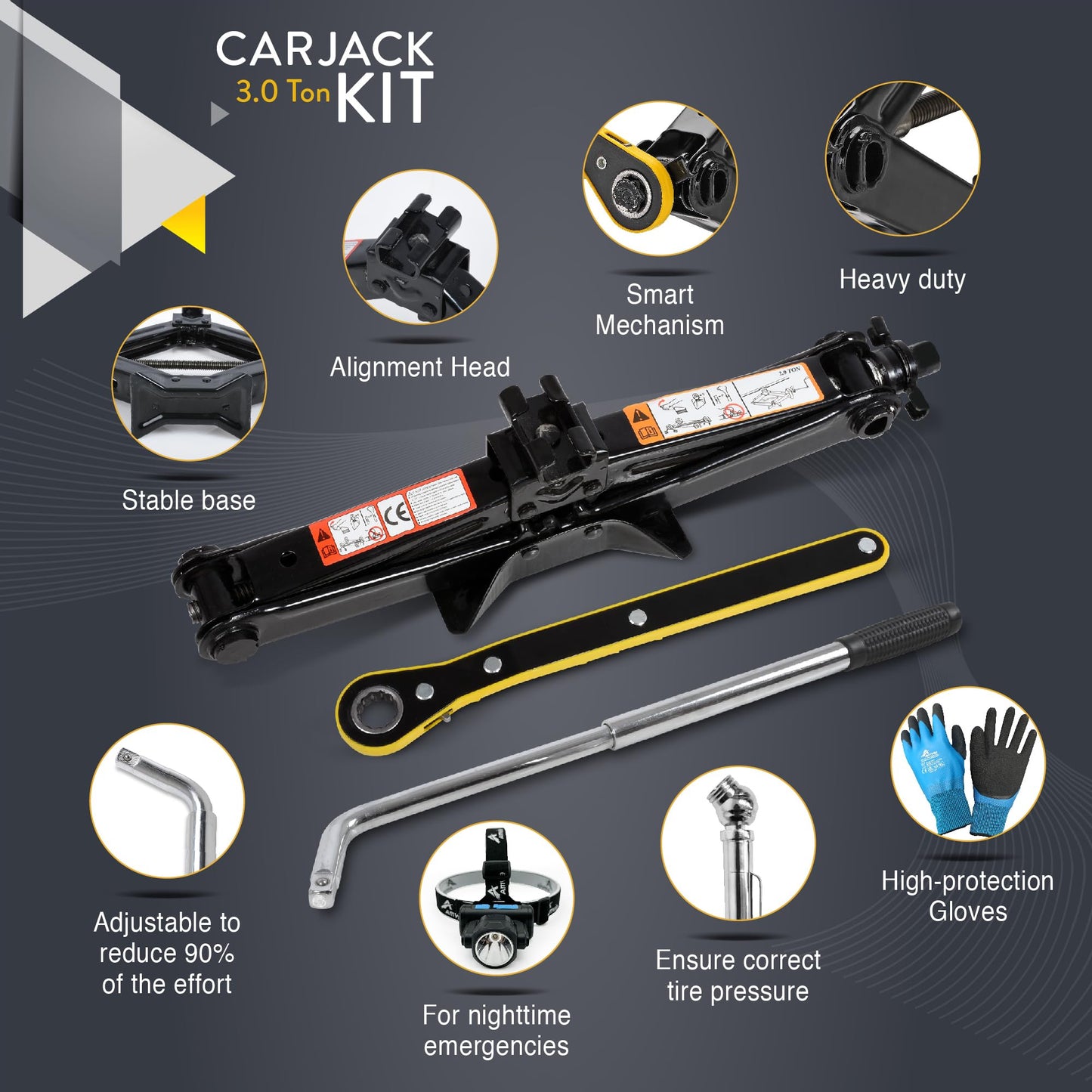 Car Jack Kit | Scissor Jack for Car 3 Ton (6,600 lbs) - Tire Jack Tool Kit | Portable, Ideal for SUV and Auto - Universal Kit with Lug Wrench | Heavy Duty Material