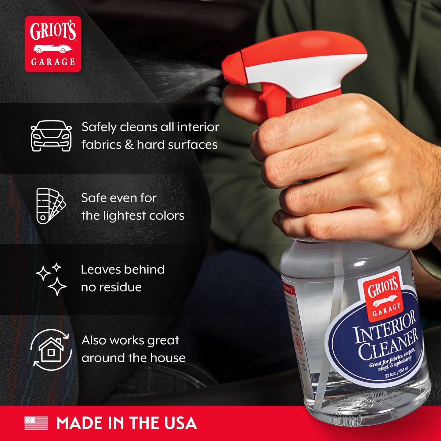 Griot's Garage Interior Cleaner Spray for Car Seats, Carpet, Upholstery Fabric, Floor Mat, Vinyl, Dashboard, Ideal for Truck, SUV, RV, Boat, and More, 10956, 22 Fl Oz