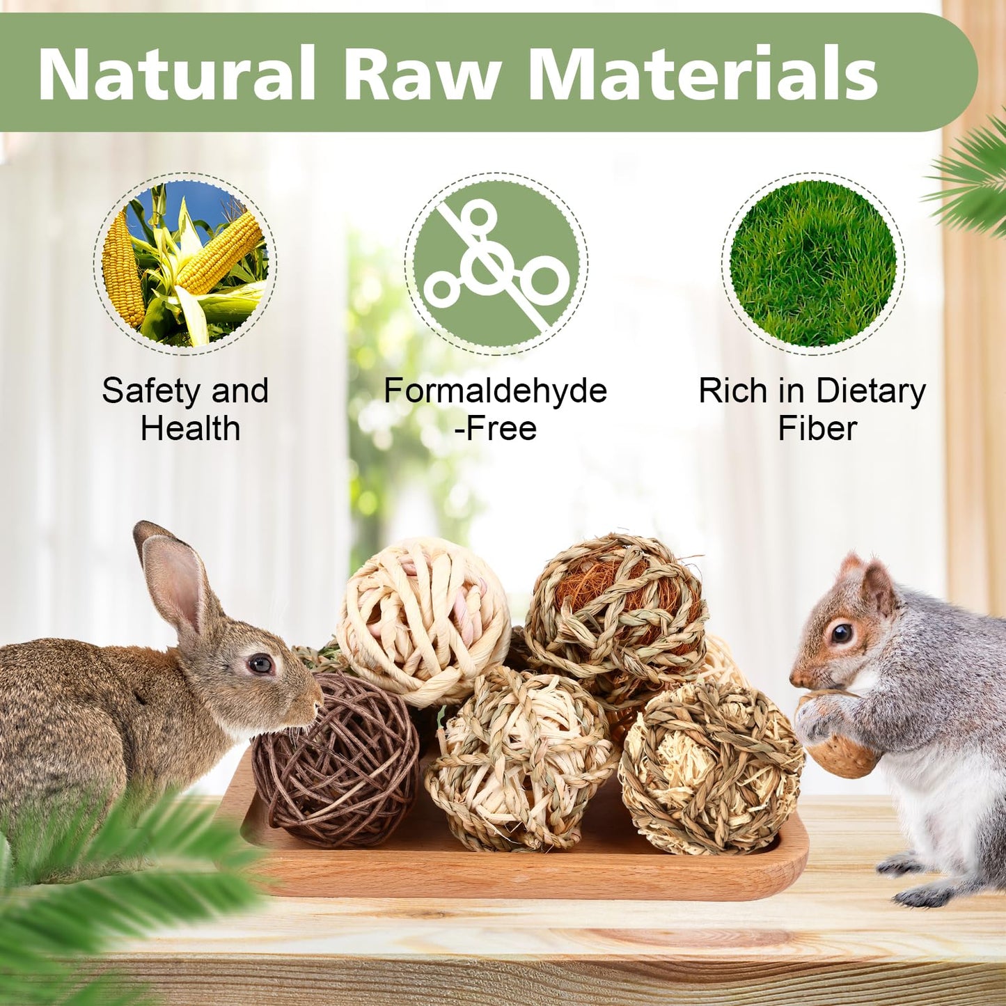 VESPRO Bunny Chew Grass Balls, (8 Pcs) Rolling Chew Toys for Small Animals, Natural Chew Grass Toys and Bunny Treats for Rabbits, Guinea Pigs, Chinchillas, Hamsters, Mice Teeth Grinding